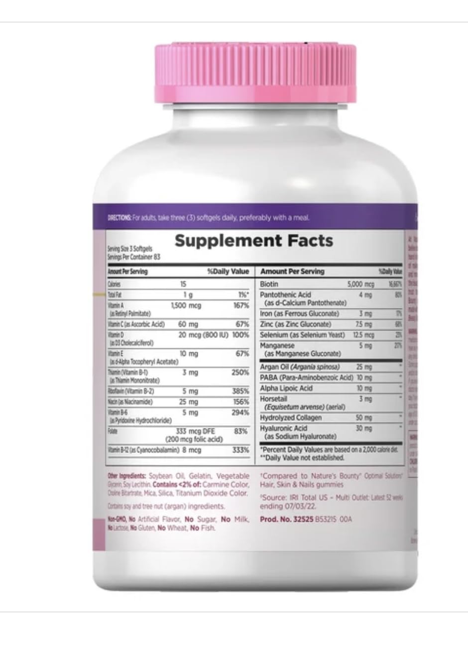 Nature's Bounty Hair Skin & Nails Supplement with Biotin & Collagen - 250 Softgels (2 Pack) - Promotes Healthy Hair Growth, Strong Nails & Glowing Skin for Women & Men