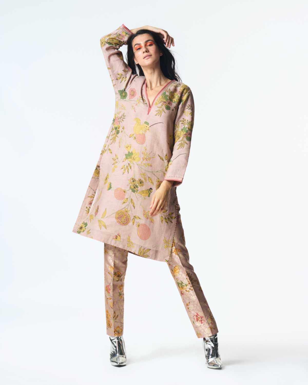 Elegant V Neck Kurta in Muga Satin - Champagne Pink Color for Women | Perfect for Festivals, Weddings & Special Occasions