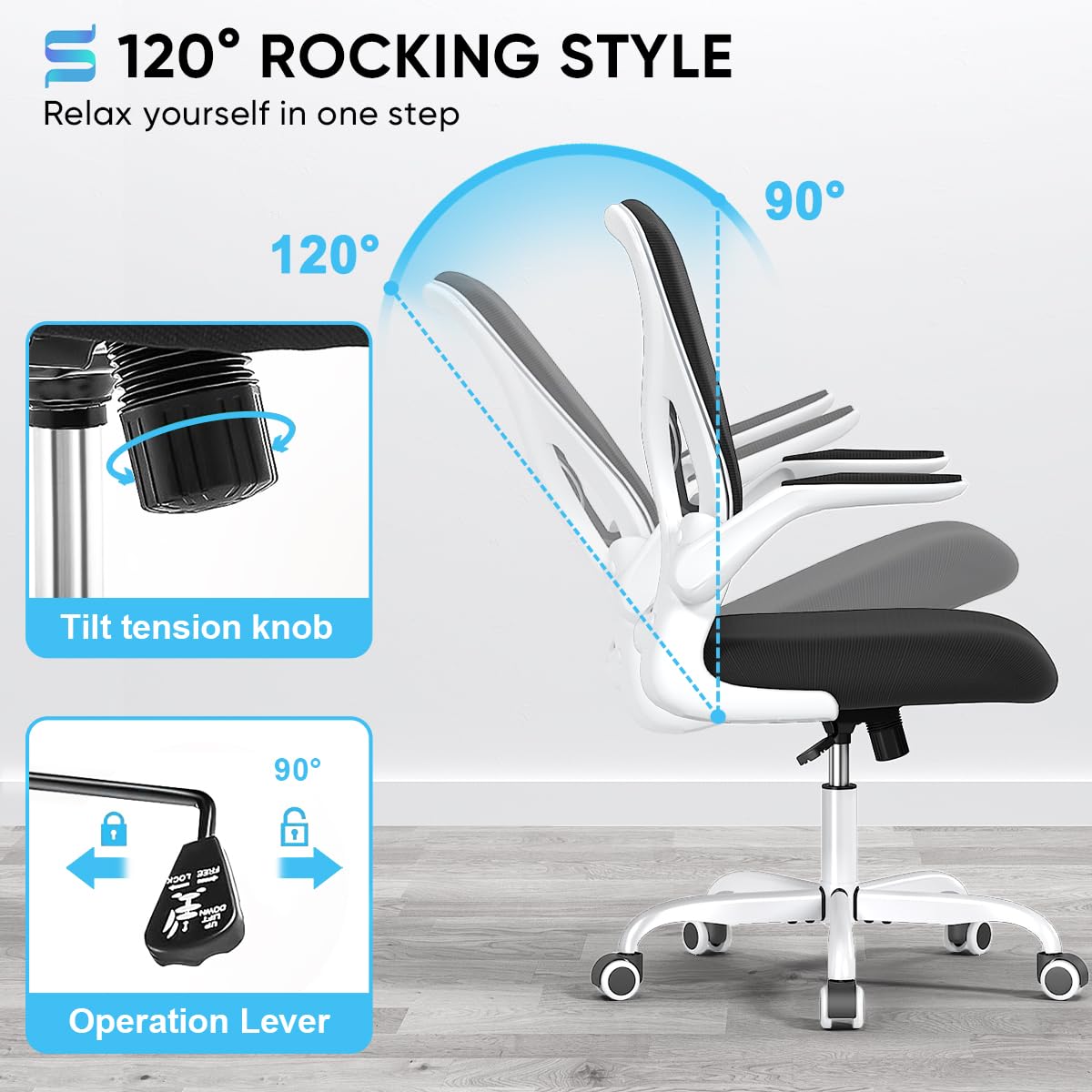 Ergonomic Office Chair with Flip-Up Arms & Lumbar Support - Breathable Mesh Desk Chair with Padded Seat for Home & Office Workspace (White) - Perfect for Long Hours of Computer Work, Gaming, and Remote Working