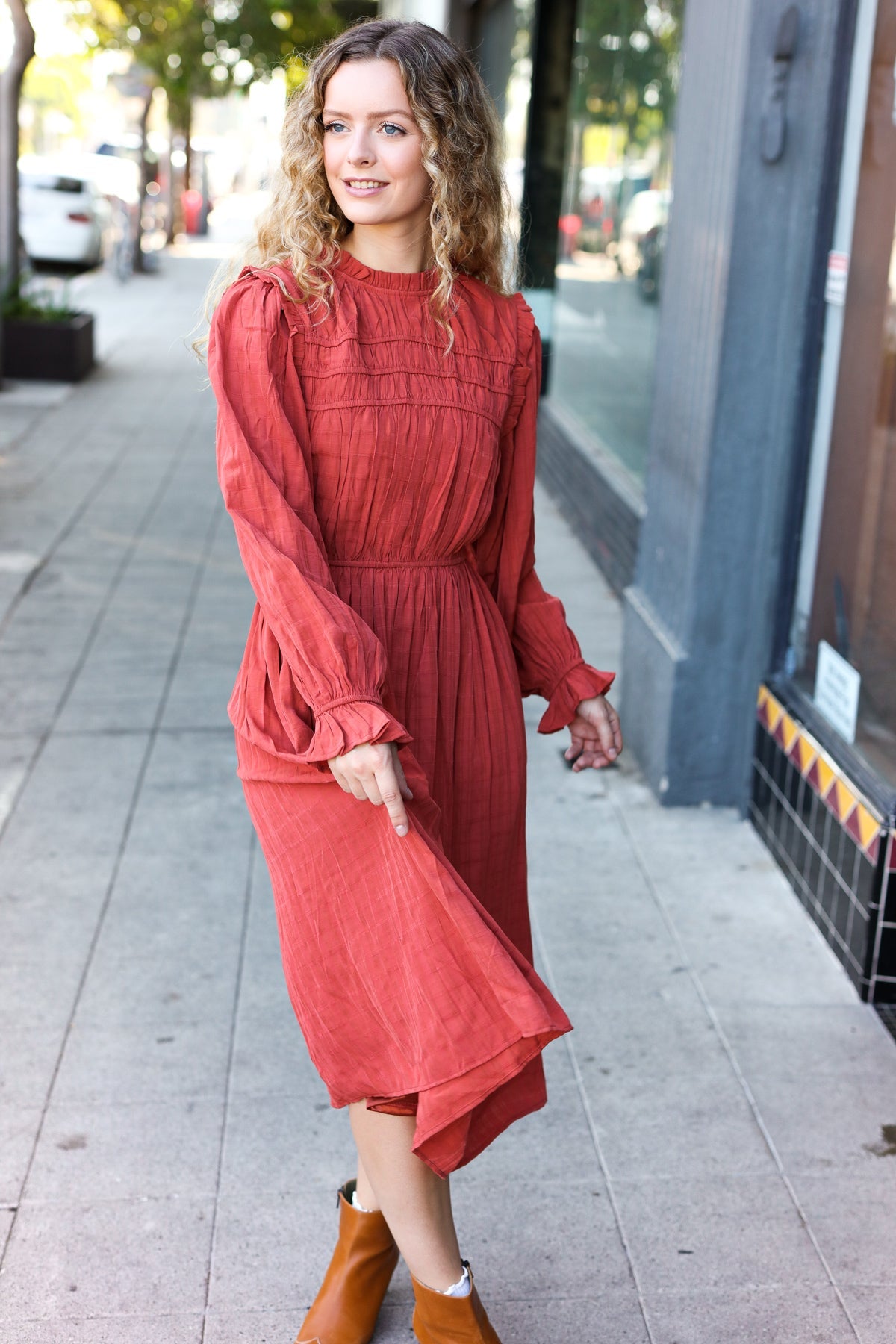 Love Found Rust Mock Neck Embossed Lined Dress - Elegant Fall Women's Dress for Date Night, Office Wear & Special Occasions