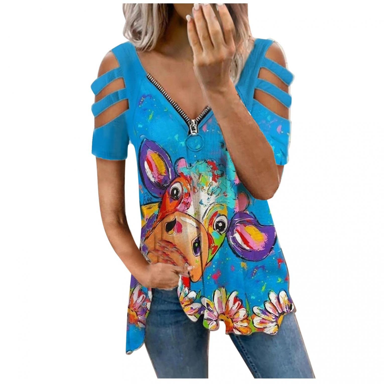 Women's Floral V-Neck Cold Shoulder Blouse - Sexy Short Sleeve Dressy Casual Top for Date Night & Summer Outfits