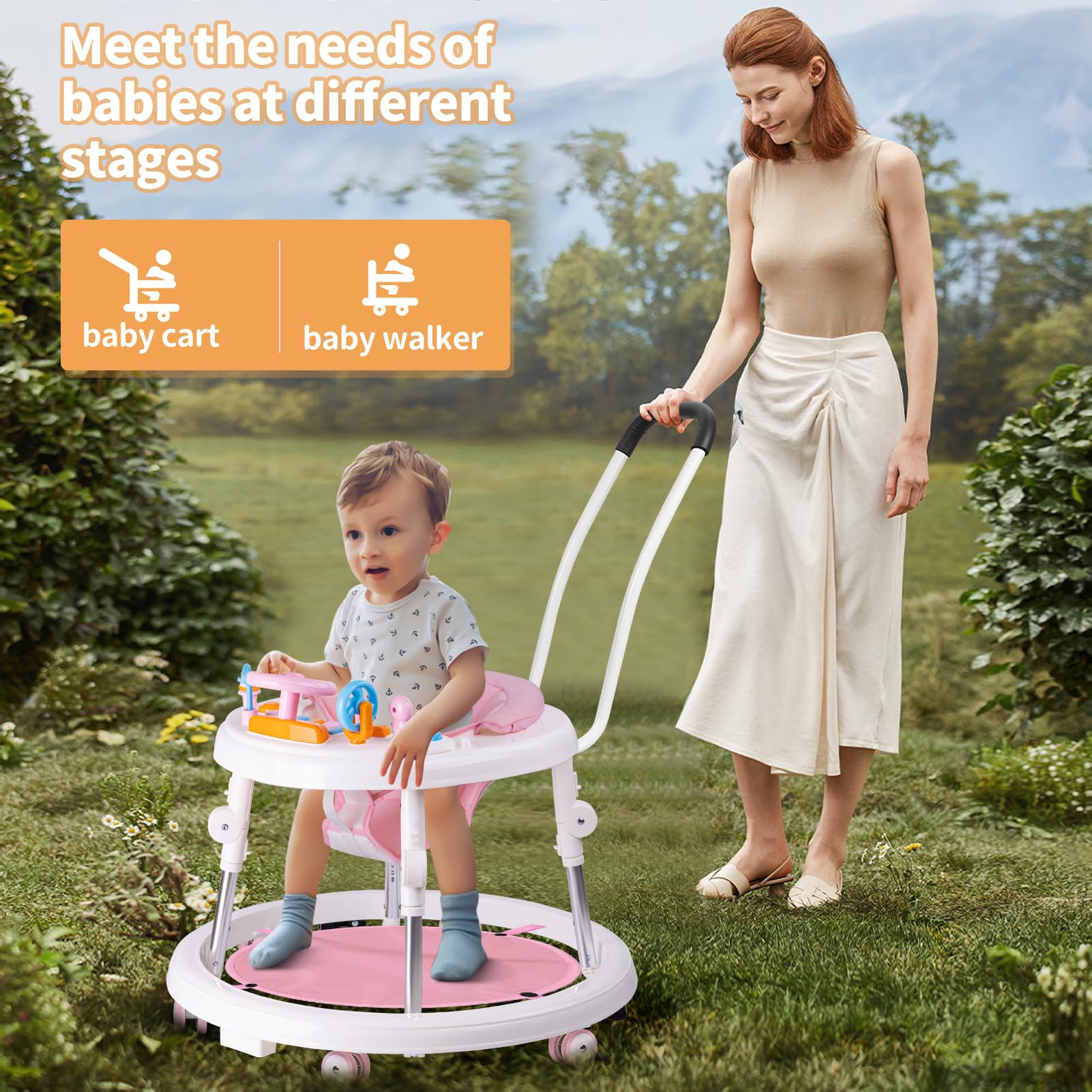 9-Speed Adjustable Foldable Baby Walker with Activity Center, Feeding Tray & Music | Push Handle, Footrest & Silent Wheels for Safety | Anti-Rollover Design for Boys & Girls (6-18 Months) | Perfect for Learning to Walk, Playtime & Indoor Activities