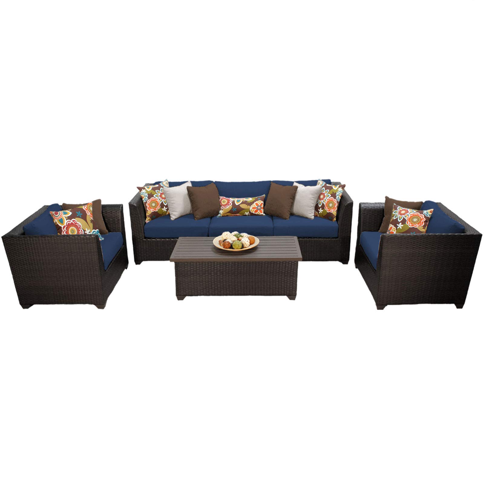 TK Classics BARBADOS 6-Piece Outdoor Wicker Patio Furniture Set in Navy Blue - All-Weather Rattan Sofa Set with Coffee Table for Garden, Poolside & Backyard Relaxation