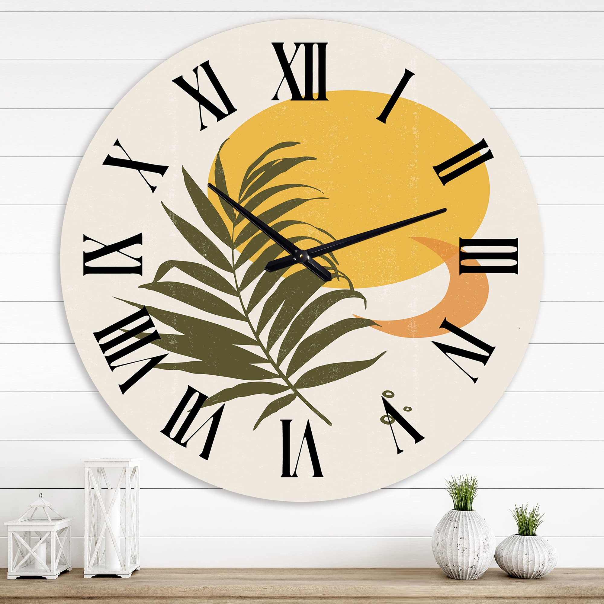 Abstract Yellow Sun and Moon with Tropical Leaf Wall Clock - Large Modern Fractal Design for Office & Home Decor - Perfect for Living Room, Bedroom or Workspace