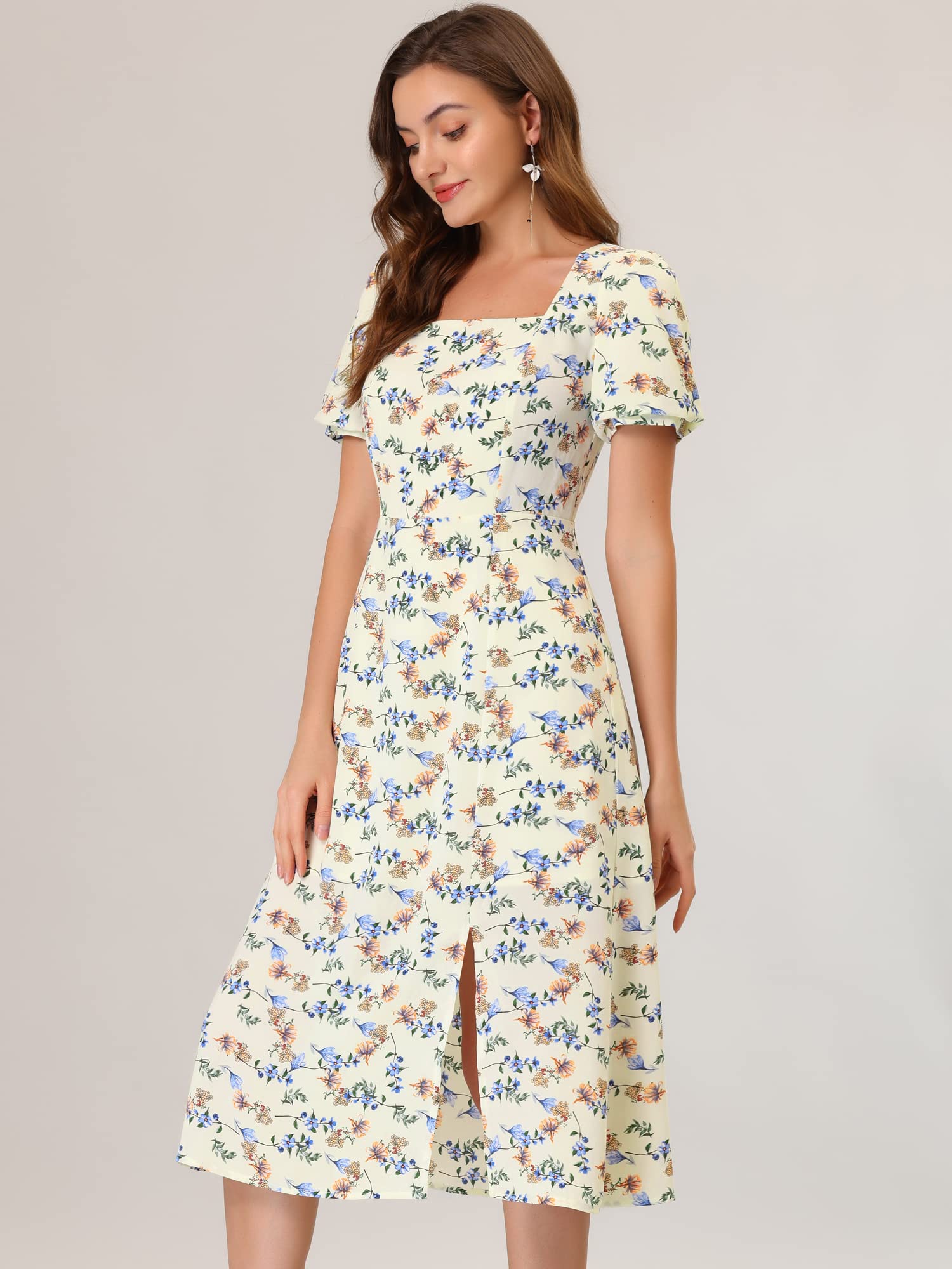 Allegra K Women's Floral Summer Dress - Square Neck, Puff Sleeve, Midi Length with Side Slit | Perfect for Beach Vacations, Garden Parties & Date Nights