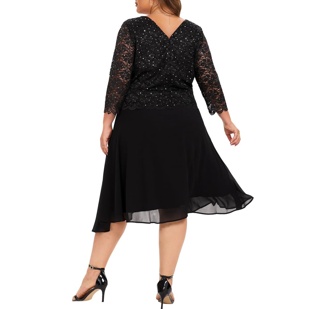 Plus Size Sequin Lace Tea Length Dress for Women - Elegant Mother of the Bride Dress for Weddings, Parties & Special Occasions | Perfect for Cocktail Receptions, Anniversary Celebrations & Formal Events