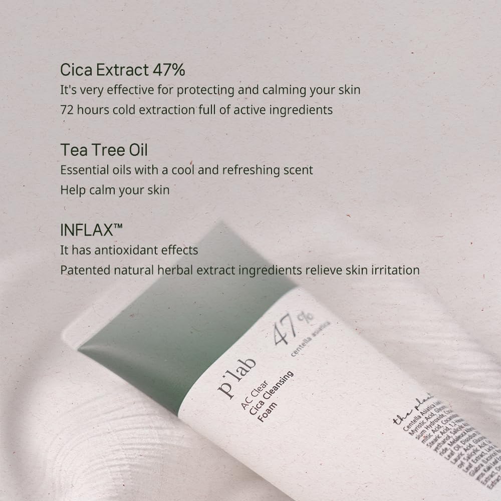 THE PLANT BASE AC Clear Cica Cleansing Foam 120ml | Acne Treatment Face Wash with 47% Centella Asiatica | AHA+BHA+PHA+LHA Exfoliating Formula | Vegan Korean Skincare | Perfect for Sensitive & Acne-Prone Skin | Morning & Night Cleansing Routine