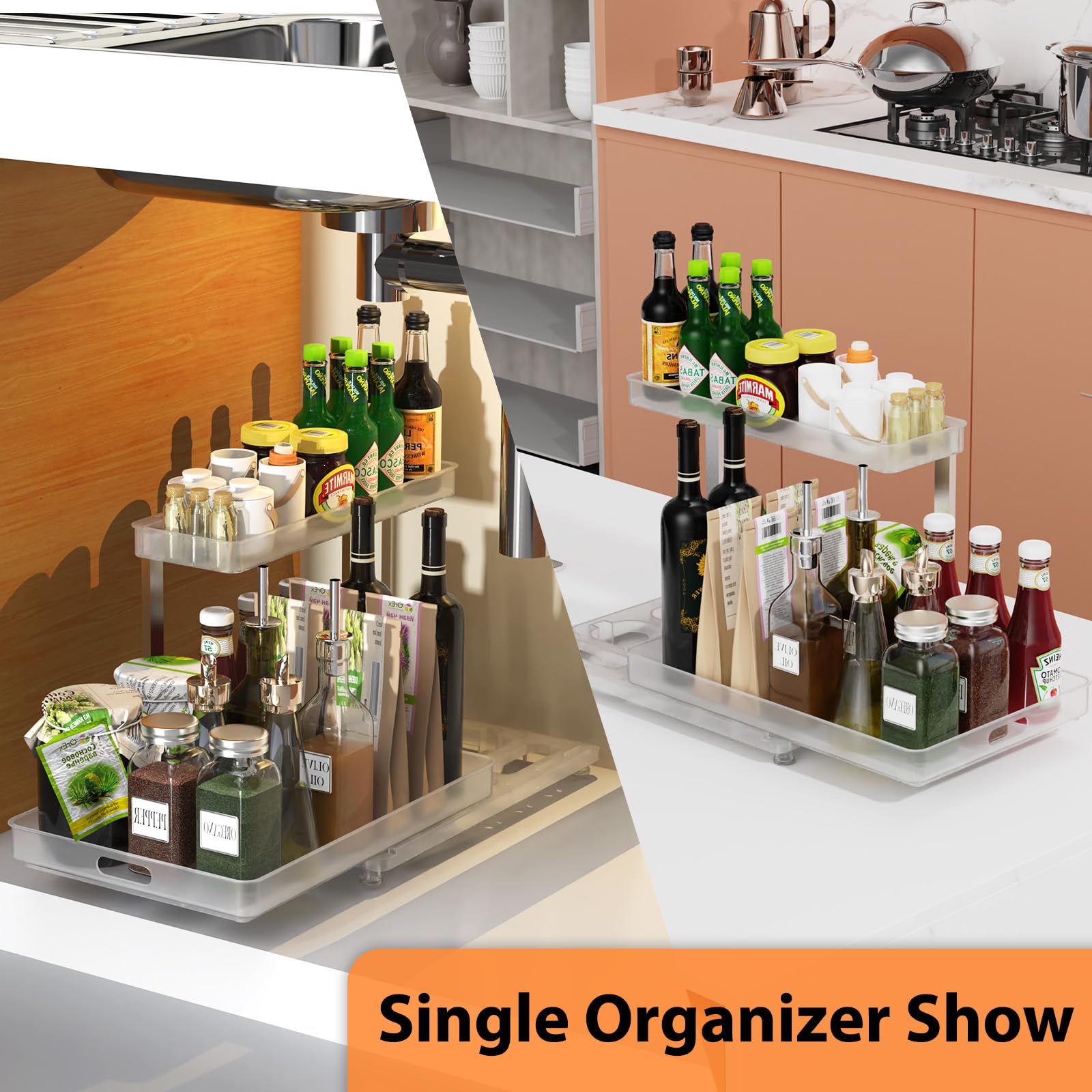 Under Sink Organizer with Waterproof Tray - L-Shaped Pull Out Cabinet Storage for Kitchen & Bathroom | Space Saving Solution for Cleaning Supplies & Toiletries
