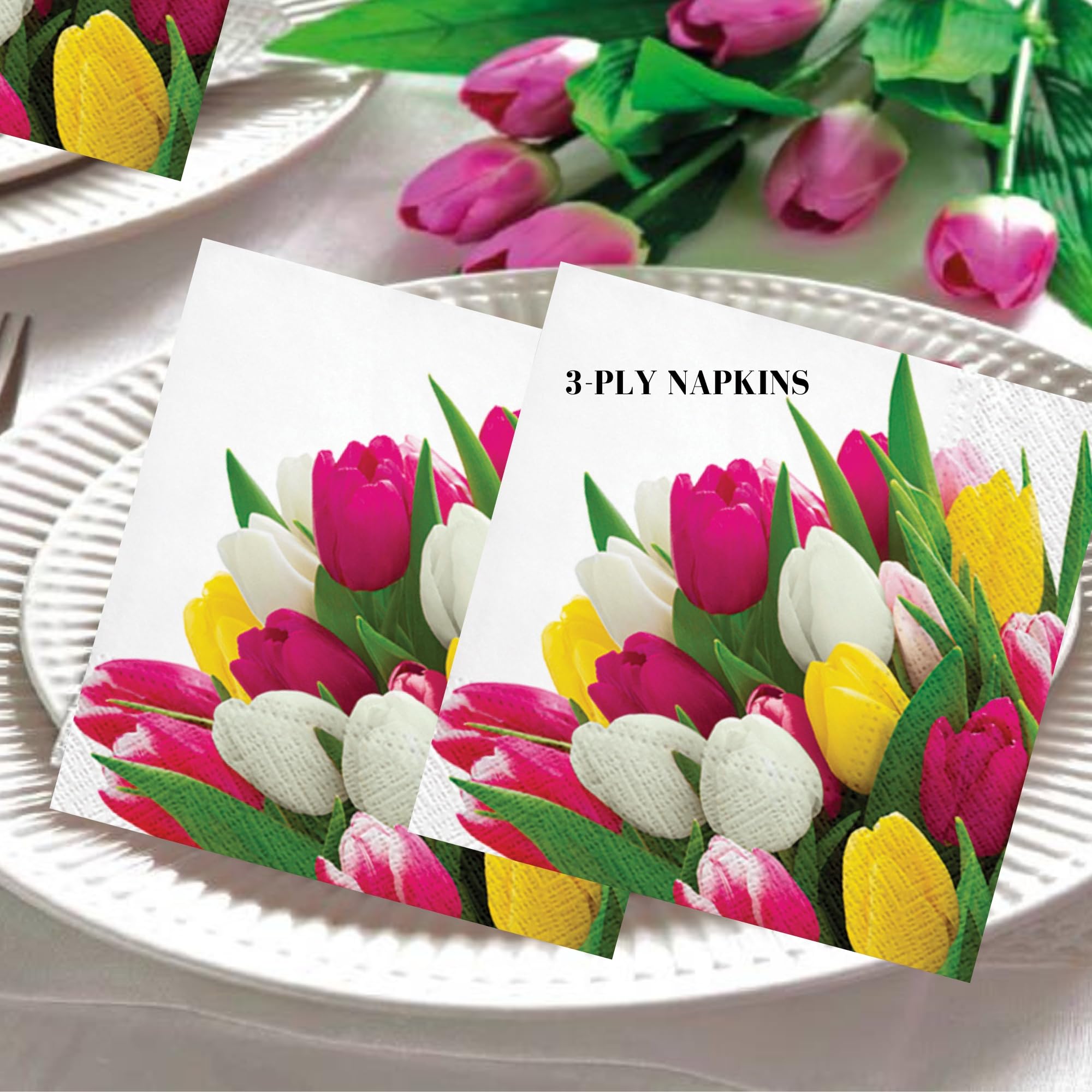 20-Count 13x13 Inch Tulip Printed 3-Ply Decoupage Paper Napkins for Christmas, Dinner & Party Decor - Disposable Luncheon Serviettes with Floral Design - Perfect for Table Settings, Wedding Receptions & Spring Tea Parties (Bunch of Tulips)