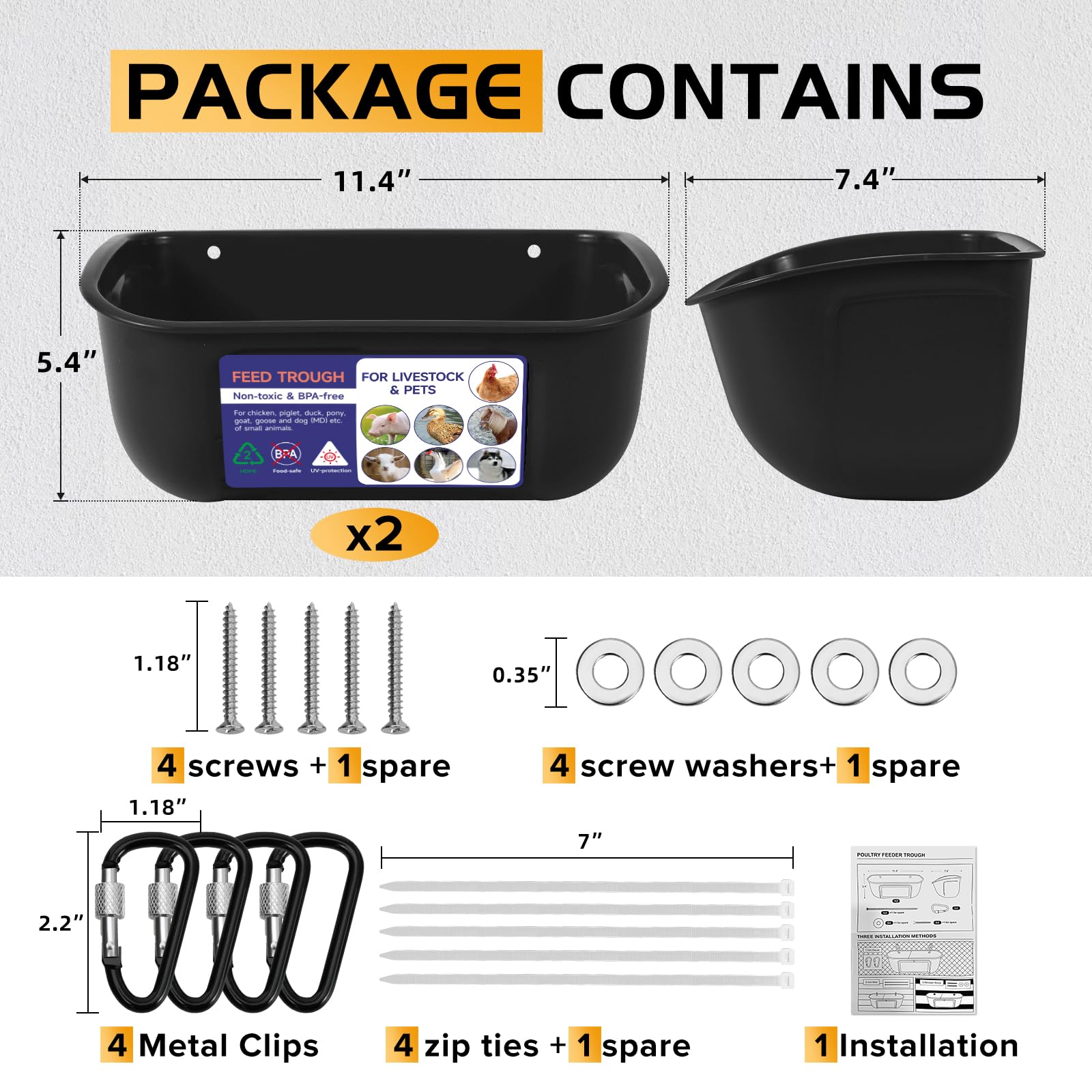 Goovilla 5 Quart Hanging Chicken Feeder & Waterer - 2 Pack Plastic Livestock Feeder for Poultry, Goats, Ducks, Pigs, Sheep and Dogs - Screw-in Fence Mount or Hanging with Clips - Durable Black Plastic Trough for Coop, Farm and Pet Use