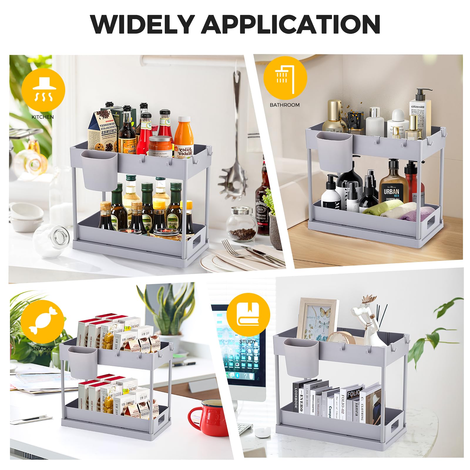 Ravinte 1 Pack Pull Out Under Sink Organizer - 2 Tier Sliding Cabinet Storage for Bathroom & Kitchen - Multi-Purpose Sink Organizer with Hook & Hanging Cup (Grey) - Perfect for Small Spaces, Clutter-Free Organization Under Sink