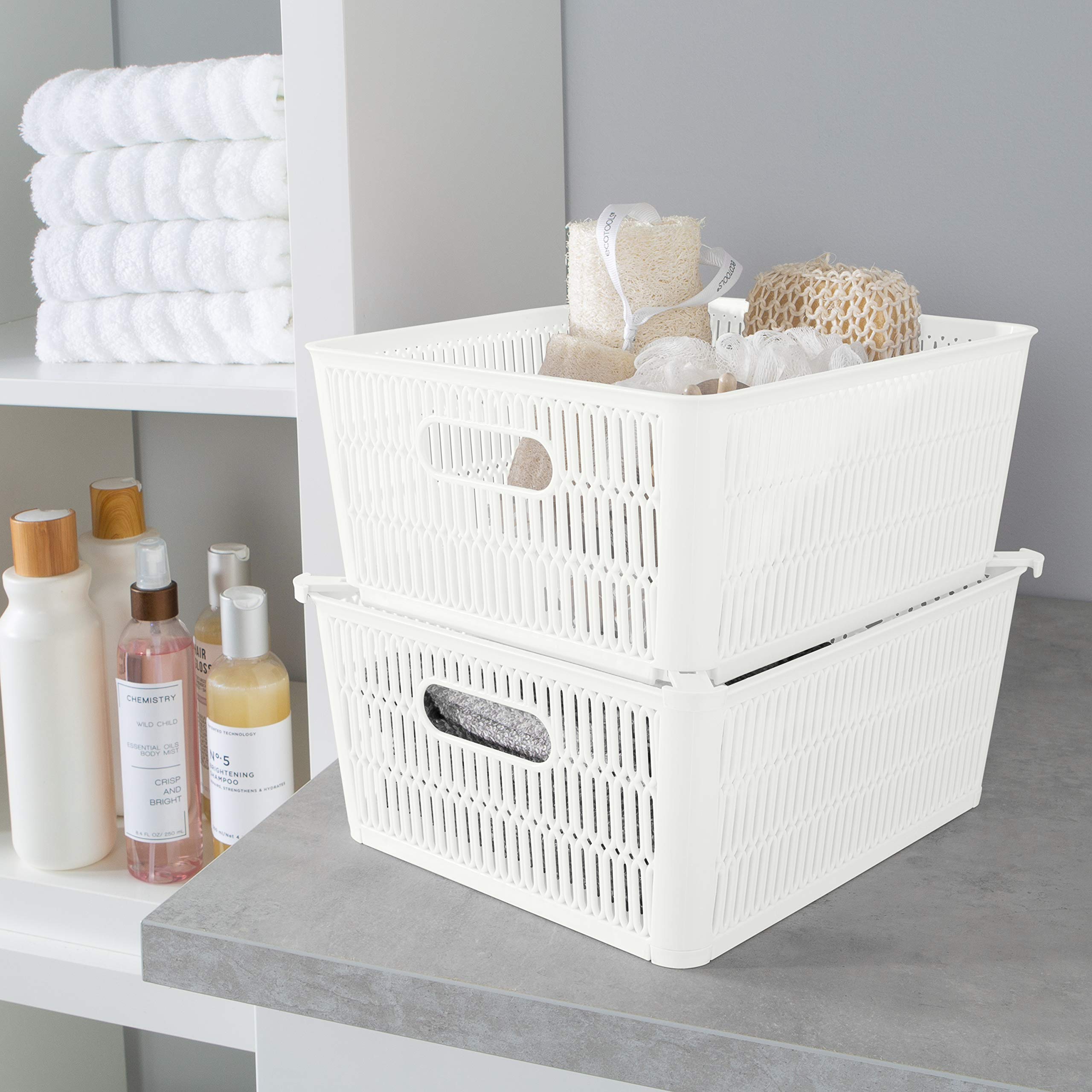 Simplify 4-Pack Large Slide 2 Stack It Tote Baskets - White Storage Bins with Stackable Design for Bathroom, Pantry, Office, Playroom & Craft Organization (KIT-25930-WHITE-4PK) | Perfect for Home Storage, Closet Organizers & Kids Toy Containers