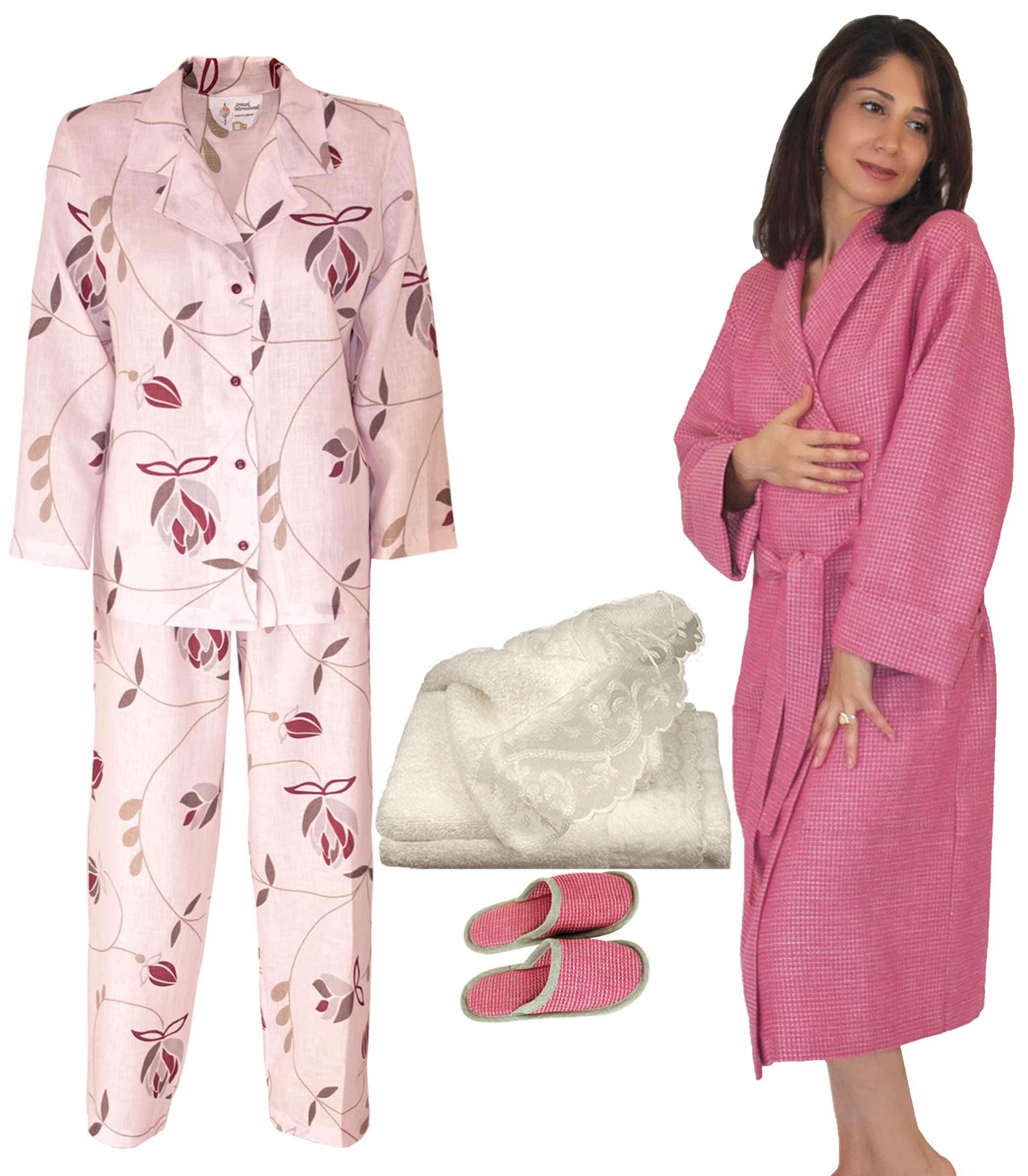 Armani International Women's Pajama Set with Bathrobe, Slippers & Hand Towel - 4-Piece Luxury Sleepwear Collection Made in Europe | Perfect for Spa Nights, Bridal Showers & Relaxing at Home