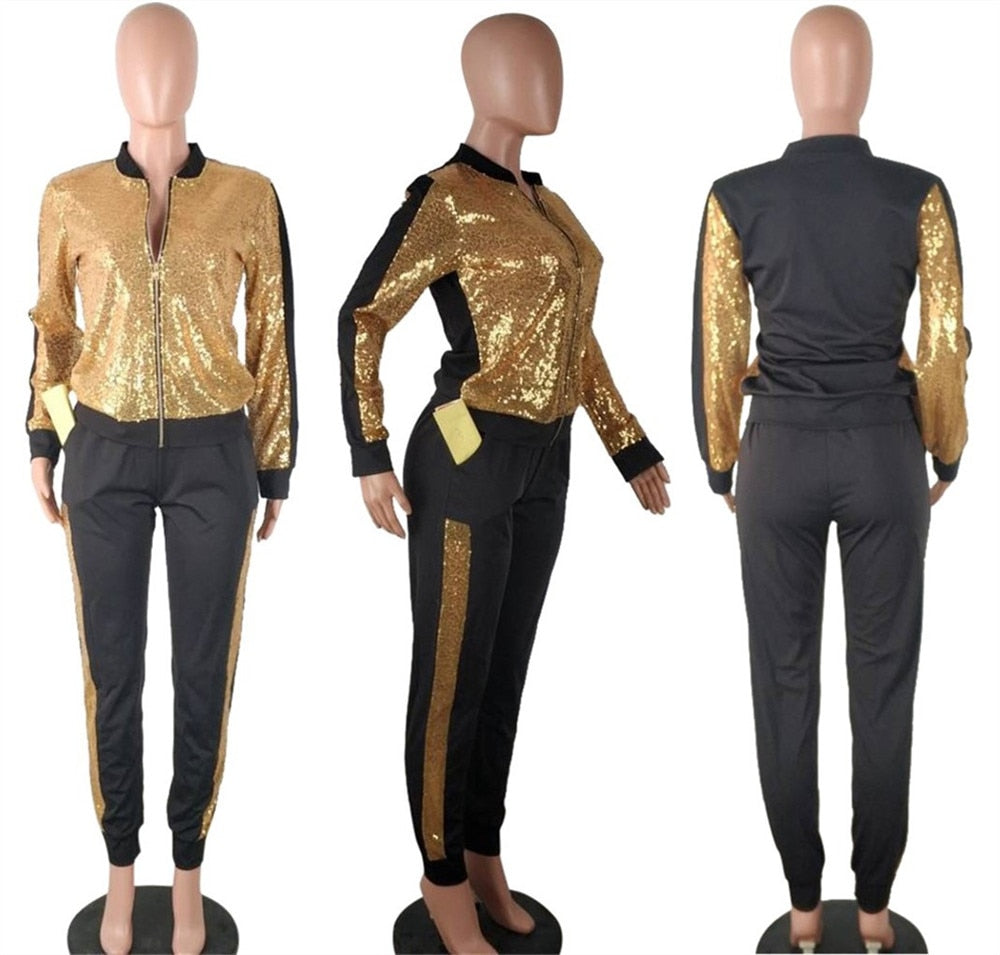Women's Sparkly Sequin 2-Piece Tracksuit Set - Long Sleeve Jacket & Pants for Streetwear | Winter & Autumn Matching Outfit for Club, Party & Casual Wear