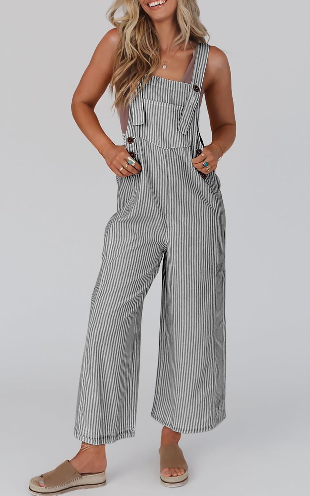 PRETTYGARDEN Women's Summer 2025 Casual Wide Leg Sleeveless Striped Jumpsuit - Trendy Button Front Romper for Beach, Vacation & Street Style Outfits