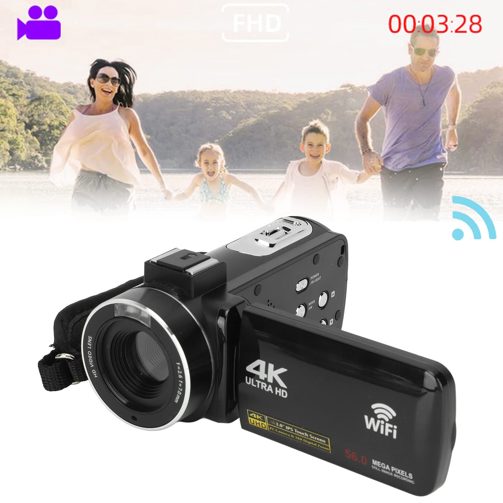 4K Video Camera Camcorder - 56MP Digital Camera with 18X Zoom, 3