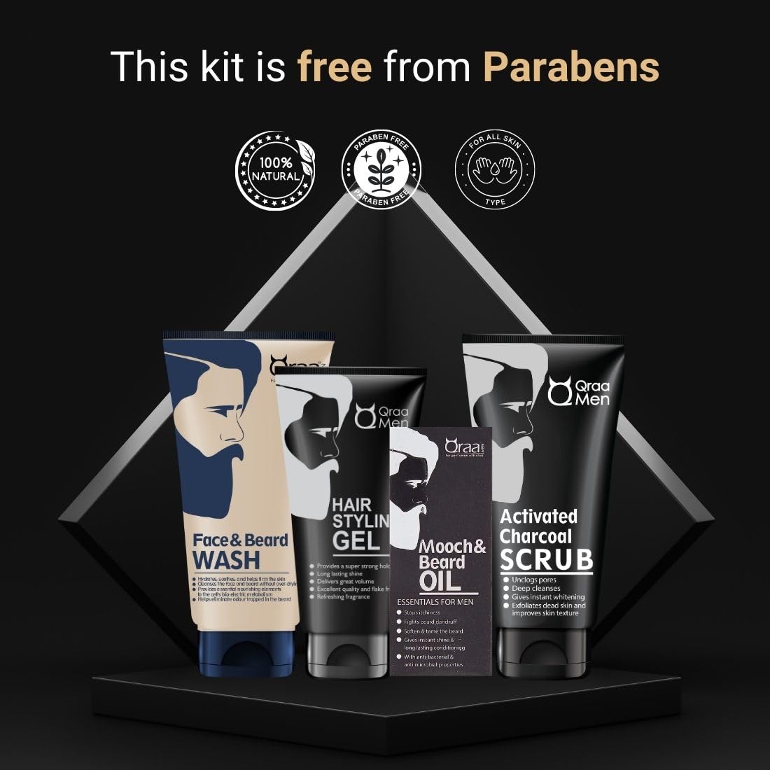 Qraa Men's Grooming Kit - 4-in-1 Premium Set (Face Wash, Styling Gel, Scrub & Beard Oil) 330g - Luxury Gift Box for Men - Perfect for Daily Skincare & Beard Care Routine