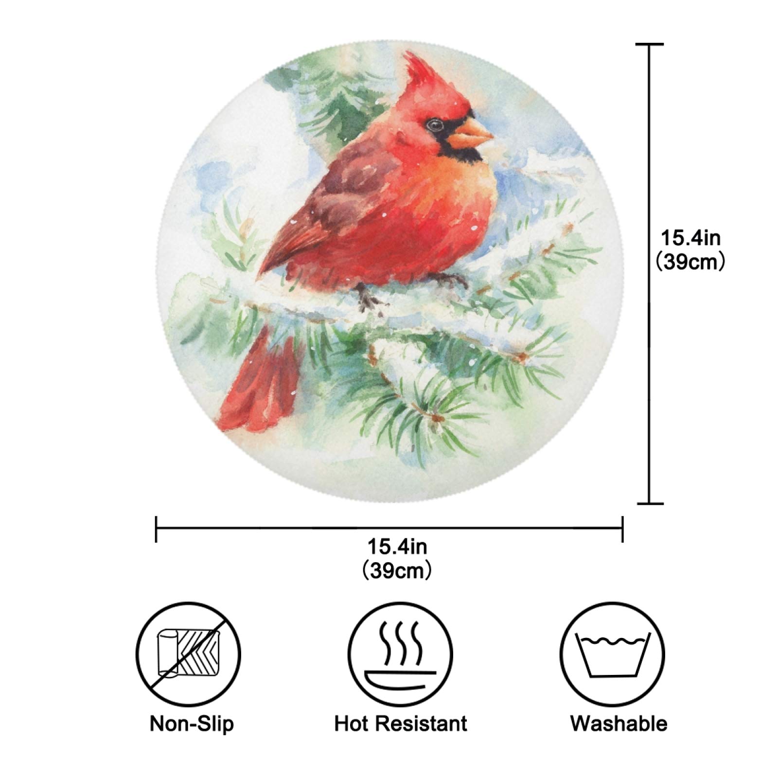 ALAZA Red Cardinal Bird Winter Christmas Round Placemats Set of 4 - Holiday Dining Table Decor for Home Kitchen, Perfect for Christmas Dinner, Thanksgiving, and Seasonal Table Settings