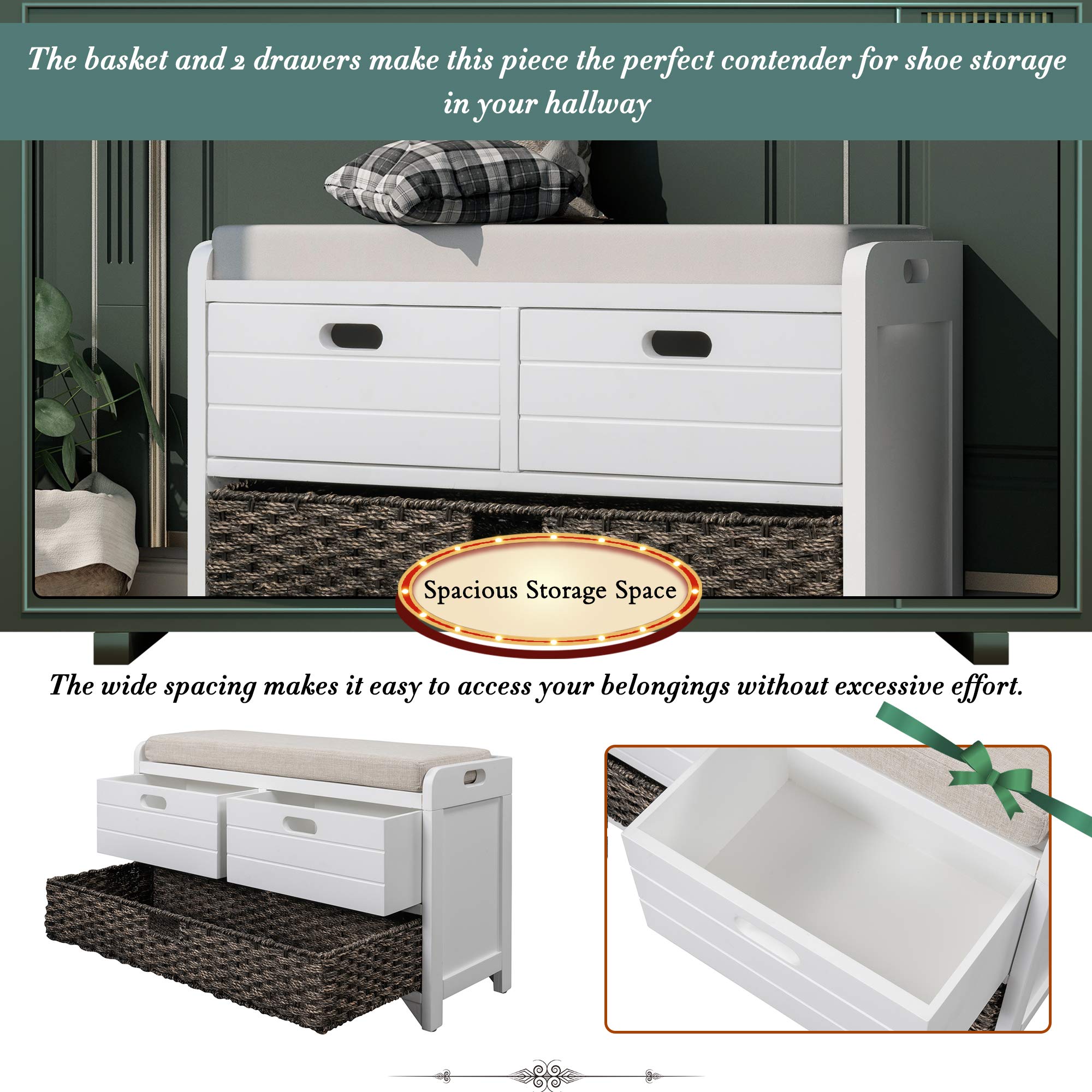 Merax 2-Drawer Storage Bench with Removable Basket & Cushion - Fully Assembled Entryway Shoe Bench for Hallway, Bedroom & Living Room Organization