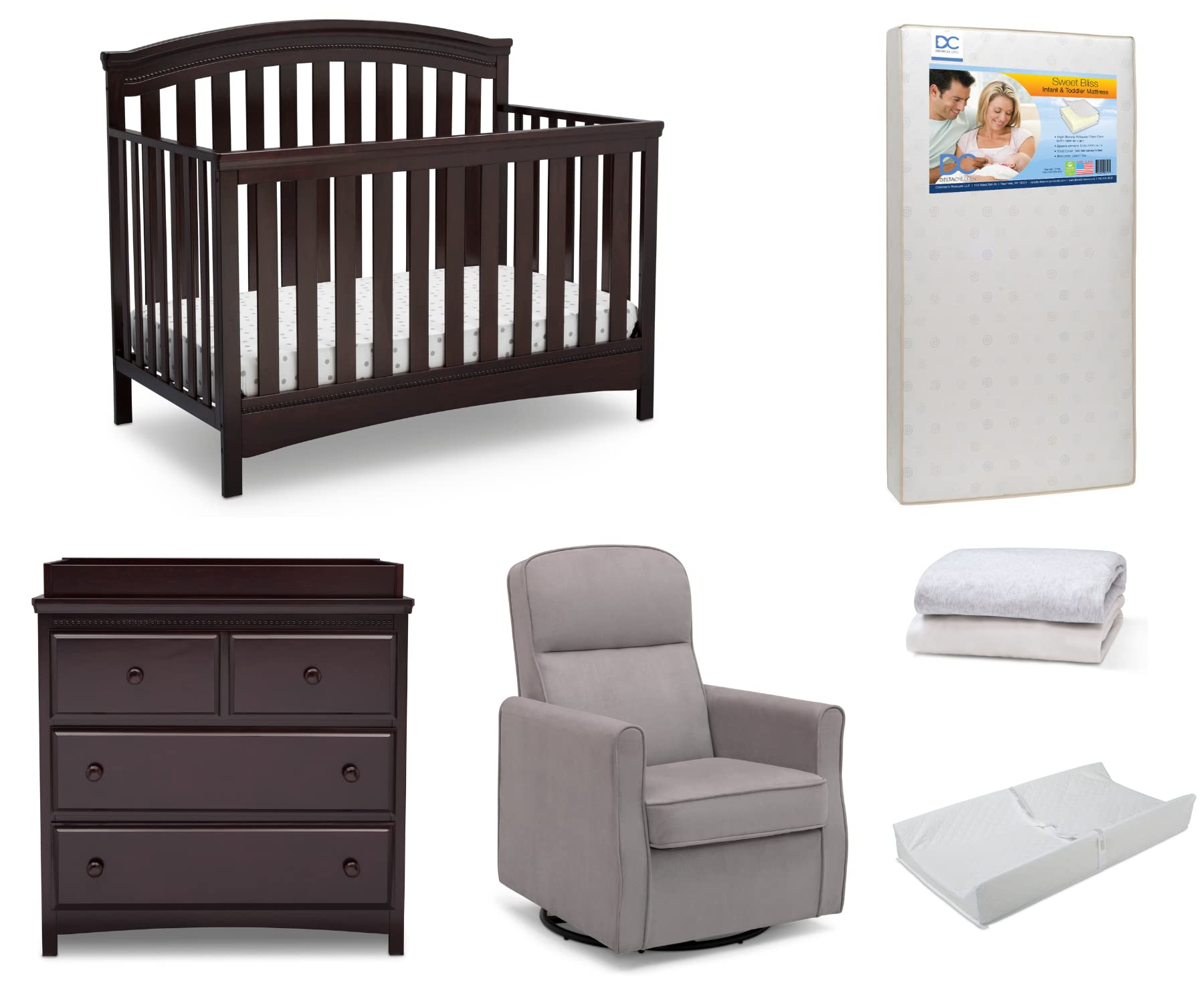 Delta Children Emerson 7-Piece Convertible Crib Nursery Set with Glider, Dresser & Mattress - Dark Chocolate Finish for Baby's Bedroom Decor | Safe & Stylish Infant Furniture for Newborns & Toddlers | Perfect for Nursery Organization & Late-Night Feedings