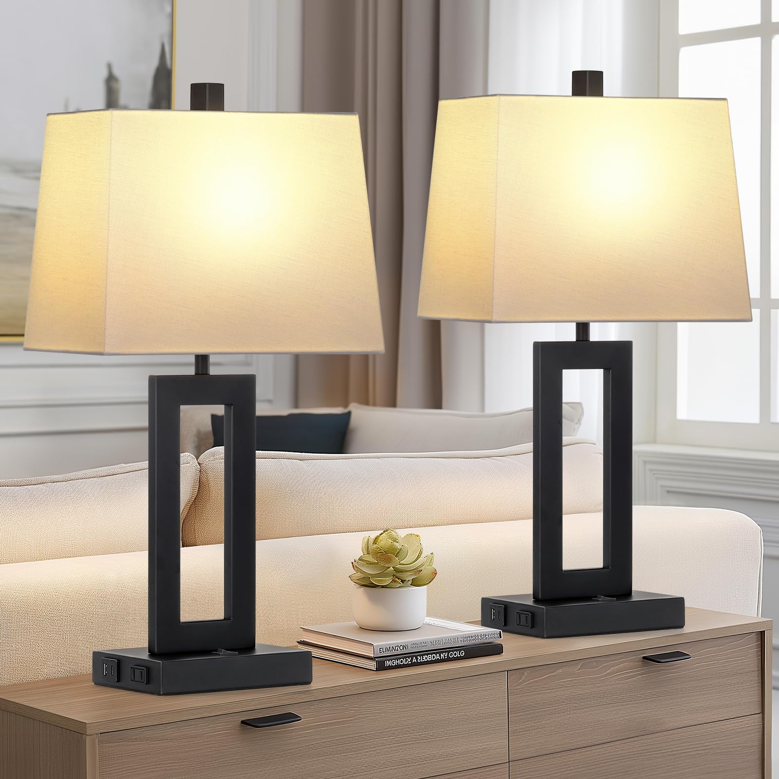 Cinkeda Modern Table Lamp Set of 2 - USB C & A Ports with AC Outlet, Black Nightstand Lamps for Bedroom, Living Room, Office - Perfect for Reading, Working & Ambient Lighting