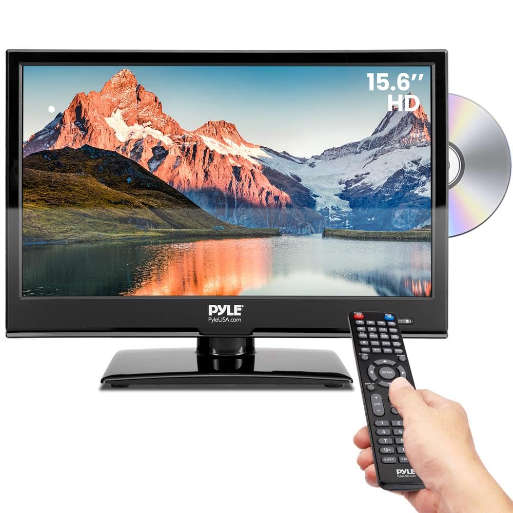 15.6 Inch 1080p FHD LED RV Television - Slim Flat Screen Monitor with HDMI, RCA, DVD Player, 12V/24V Car Adapter & Wall Mount | Compatible with Mac/PC | Includes Remote Control | Perfect for Camping, Road Trips & Small Spaces