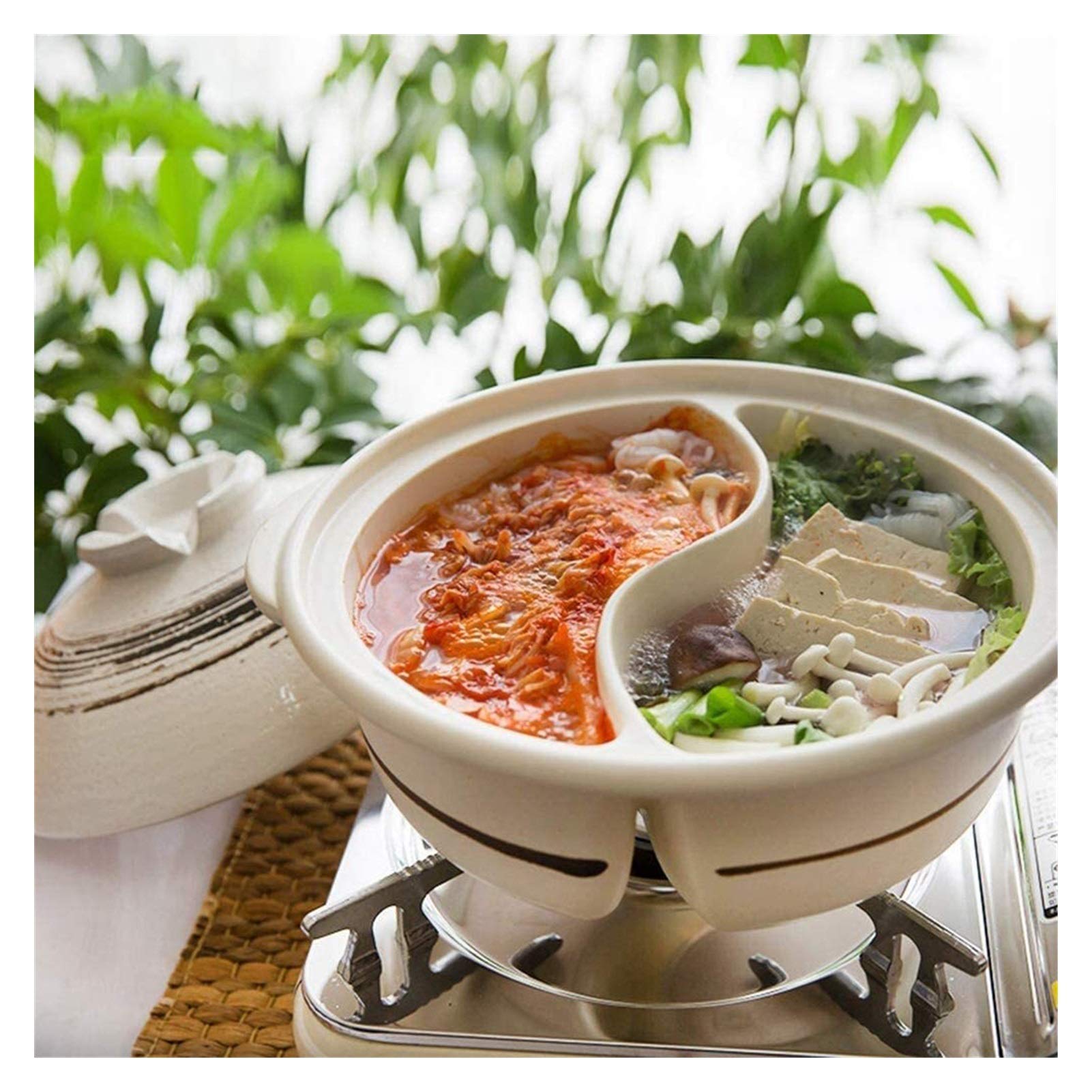 Ceramic Casserole Non-Stick Pan - Double Sided Yin Yang Hot Pot with Partition, 2.8L Japanese Clay Donabe Pot, Heat-Resistant Ceramic Cookware for Shabu Shabu, Sukiyaki & Family Dining