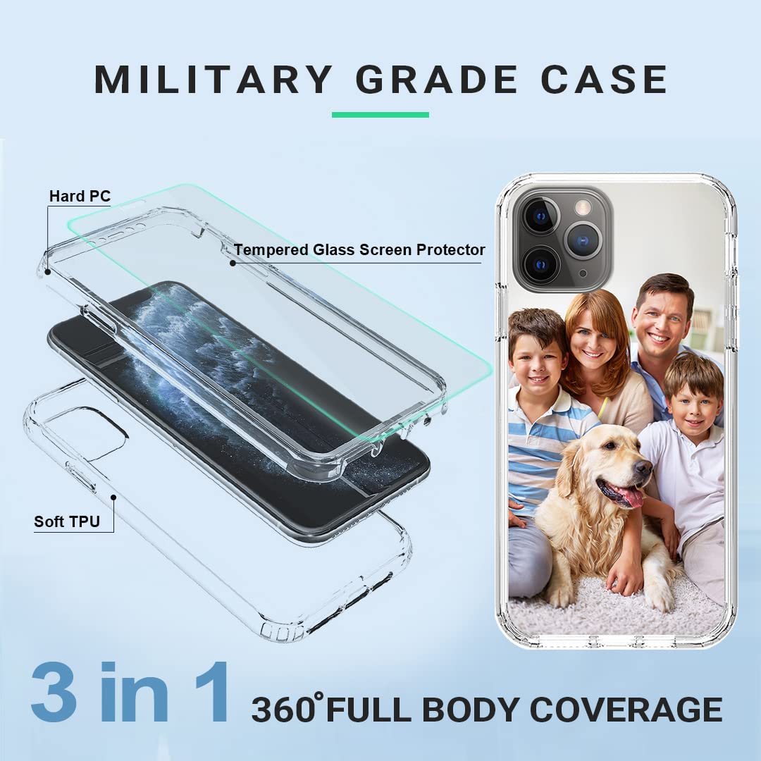 Custom iPhone 11 Pro Clear Phone Case with Photo - Personalized Shockproof Heavy Duty Cover, 3-in-1 Military Grade Protection with Screen Protector - Perfect for Christmas Gifts, Travel & Everyday Use