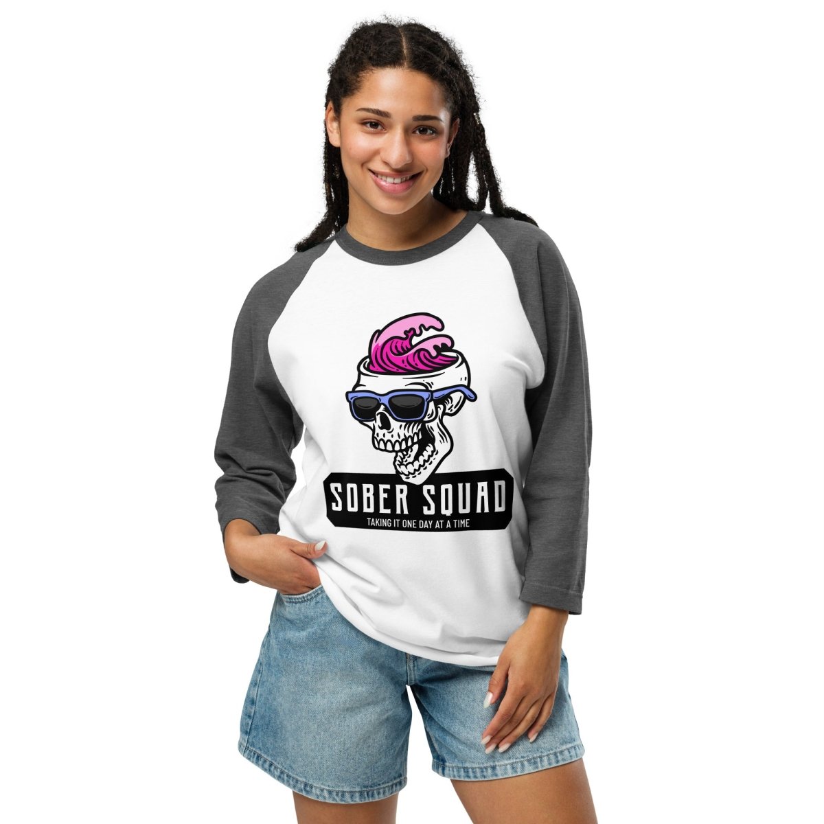 Sober Squad 3/4 Sleeve Raglan T-Shirt with Skull Wave Print - Comfortable Baseball Tee for Casual Wear, Gym & Street Fashion