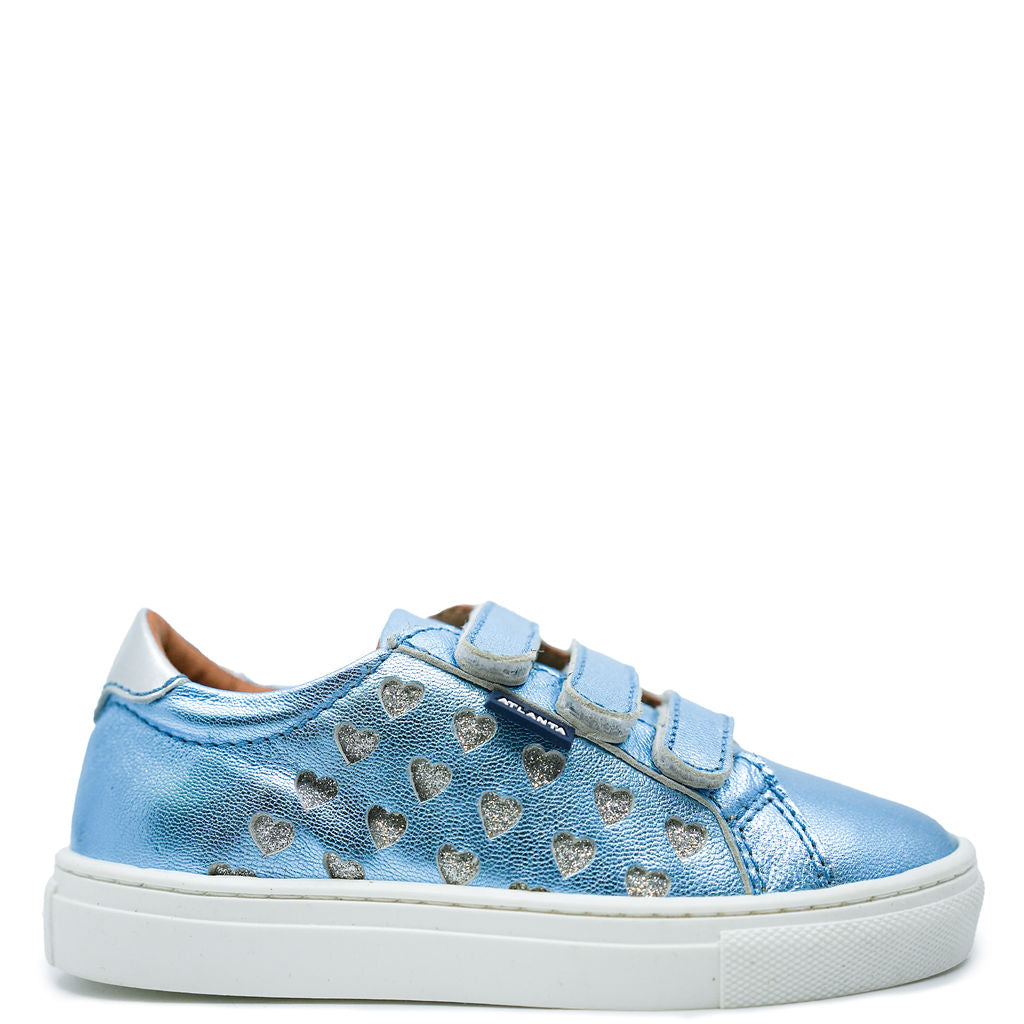 Atlanta Blue Metallic Heart Velcro Sneakers for Women - Comfortable Slip-On Moccasin Shoes for Casual Wear & Walking