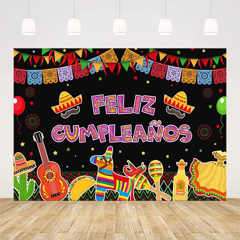 7x5ft Mexican Fiesta Happy Birthday Backdrop - Feliz Cumpleaños Party Decor with Cactus Balloons for Cinco De Mayo, Carnival, Bday Cake Table & Photography Background - Perfect for Mexican-Themed Parties, Photo Booths & Social Media Content