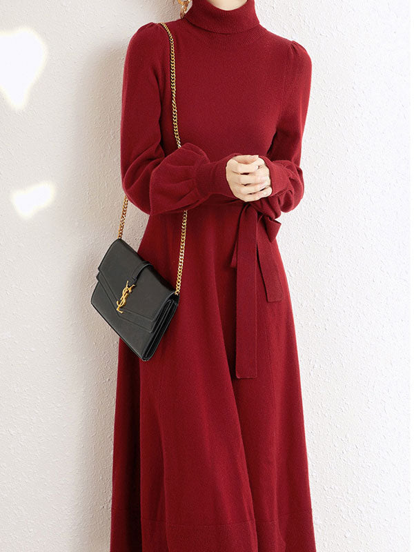 Black and Red Winter Knit Sweater Belted A-Line Maxi Dress - Cozy Cold Weather Outfit for Holiday Parties & Christmas Gatherings