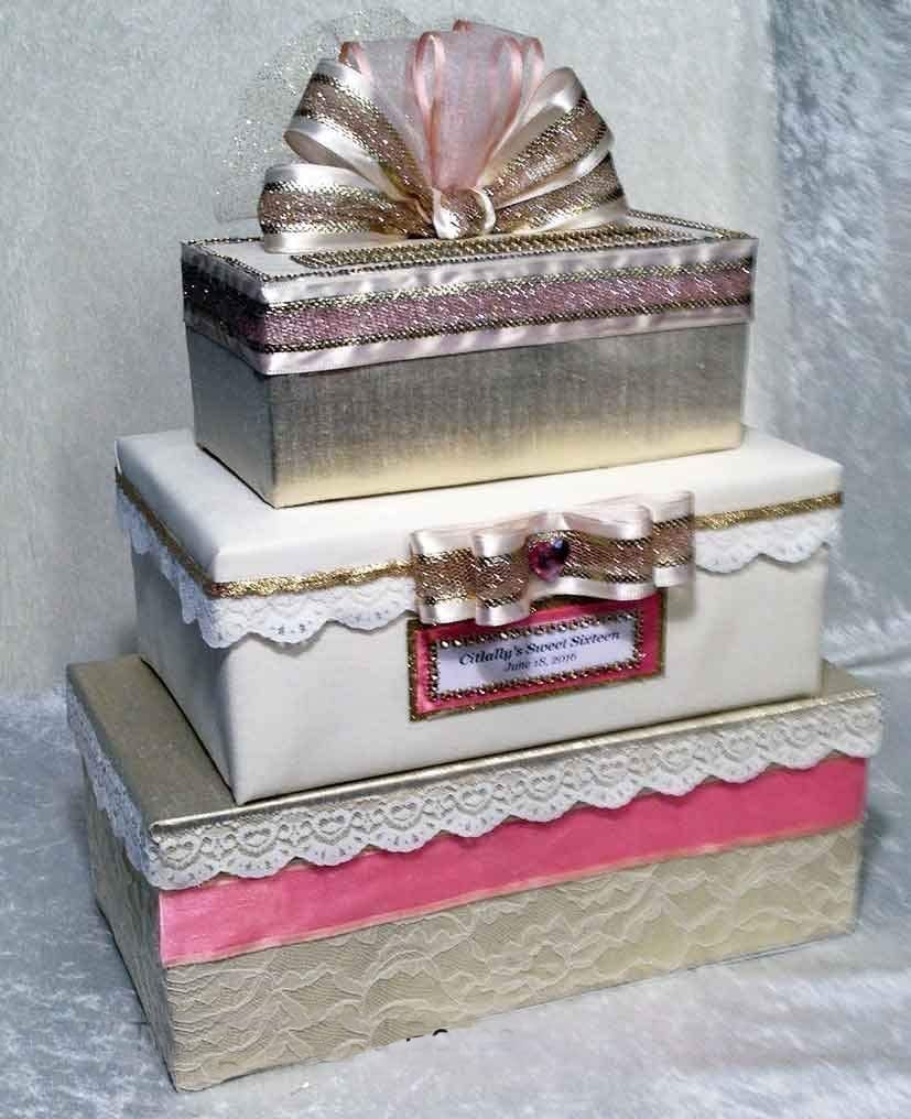 Elegant Gold Rose Wedding Card Box with Slot - 3 Tier Stacked Handmade Gift Holder for Weddings, Sweet 16 Birthdays & Quinceañeras - Perfect for Anniversary, Bridal Shower and Special Event Decorations
