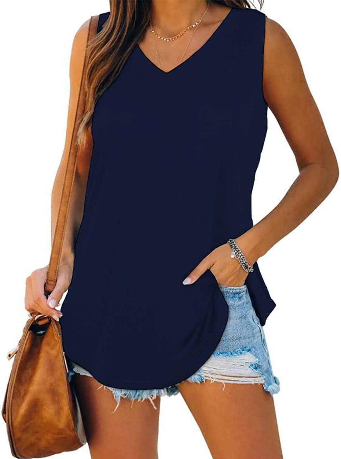 RVMFK Women's Summer Tops - Soft V-Neck Casual Tank Top in Navy Blue | Perfect for Beach, Travel & Everyday Wear