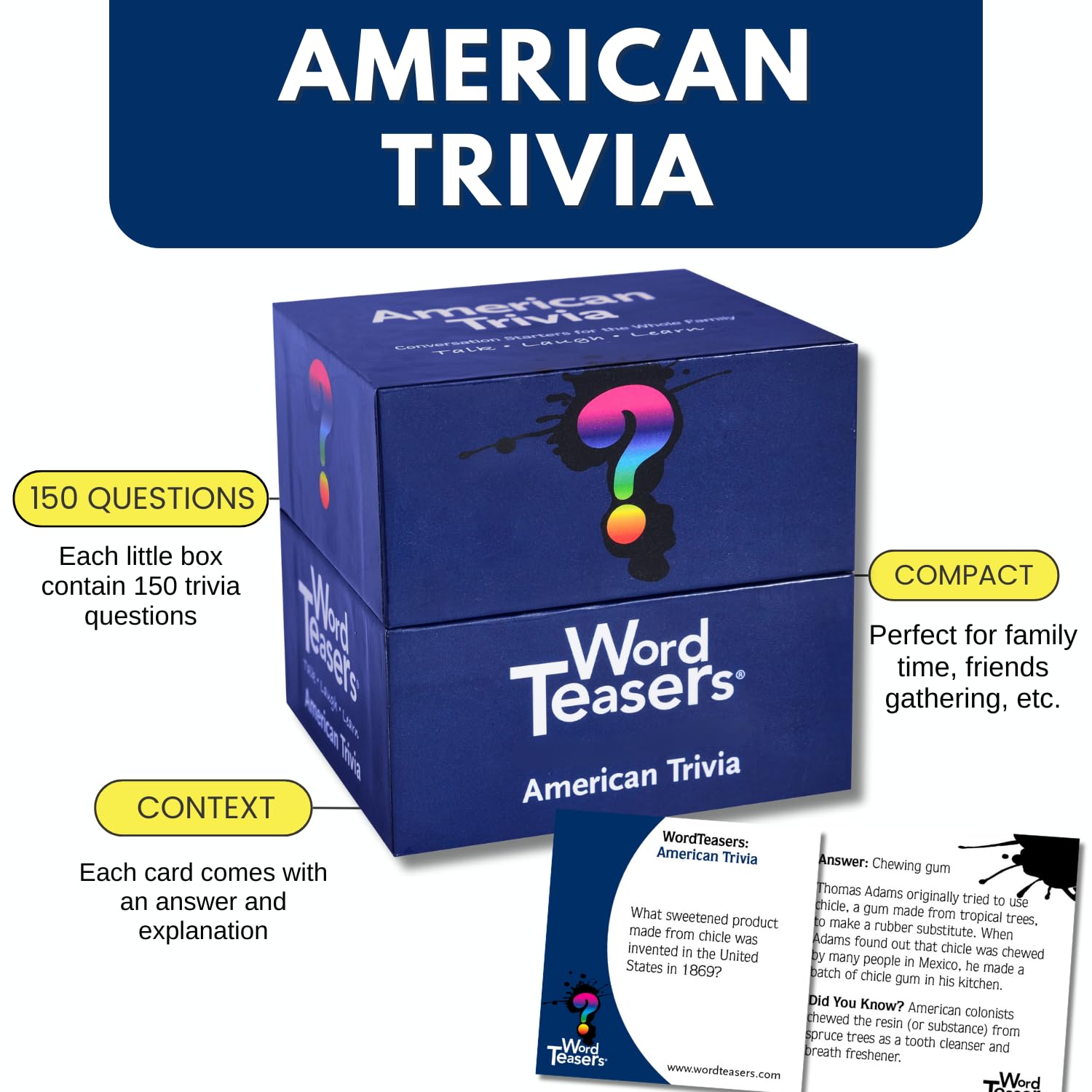 WORD TEASERS American Trivia Game - 150 Fun & Educational US Trivia Cards for Adults, Teens & Kids - Perfect for Family Game Nights, Parties & Classroom Learning