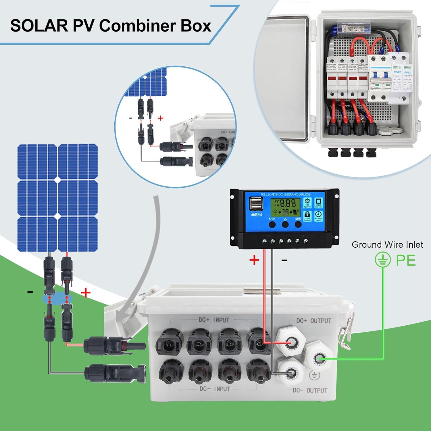 4 String Waterproof Solar Combiner Box with Lightning Arrester - 15A Fuse & 63A Circuit Breaker for Solar Panel Systems | Outdoor PV Array Protection for Home & Commercial Use