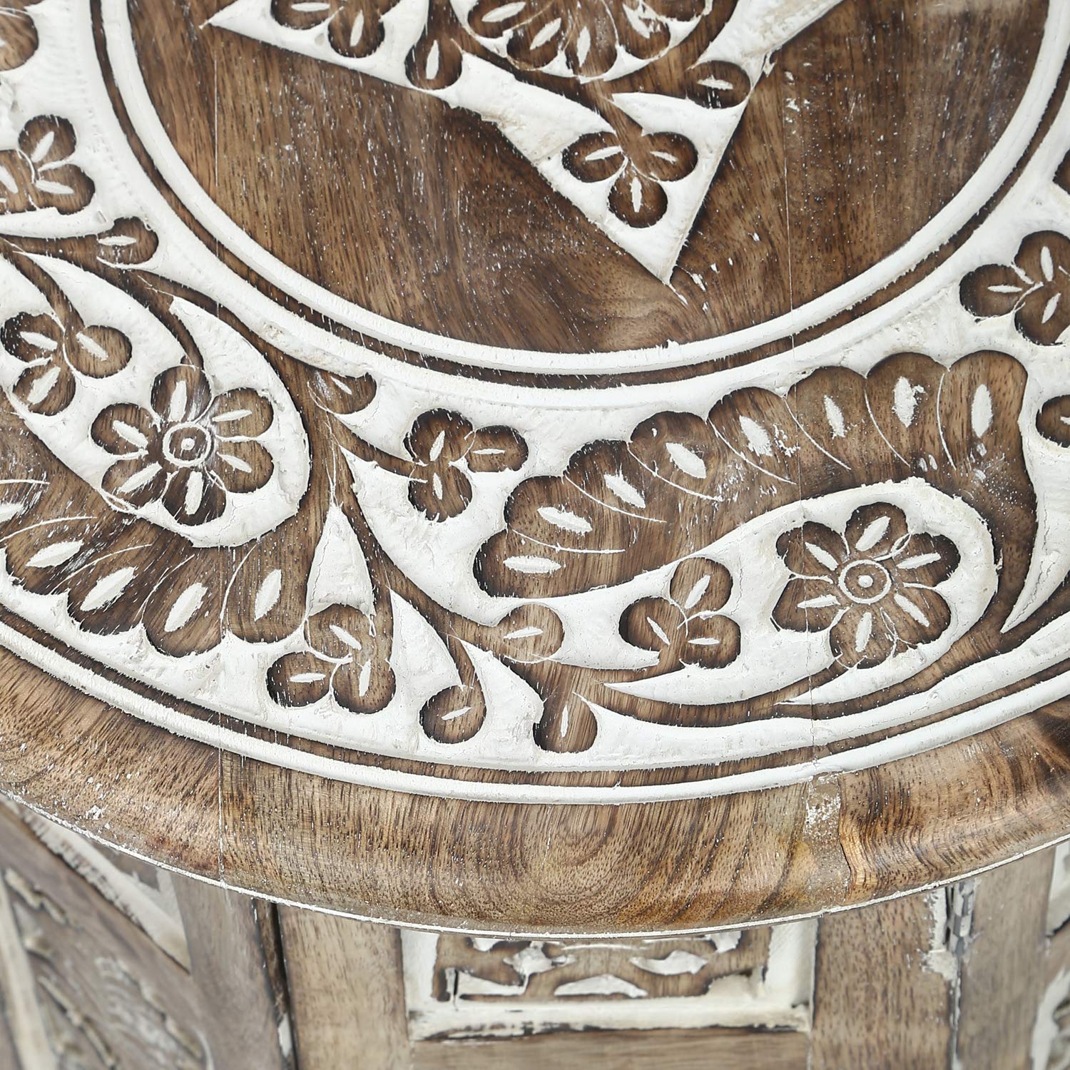 Rustic Wood Round Coffee Table - 21 Inch Hand-Carved Indian Accent Side Table in White Finish | Perfect for Living Room, Bedroom, or Office Decor