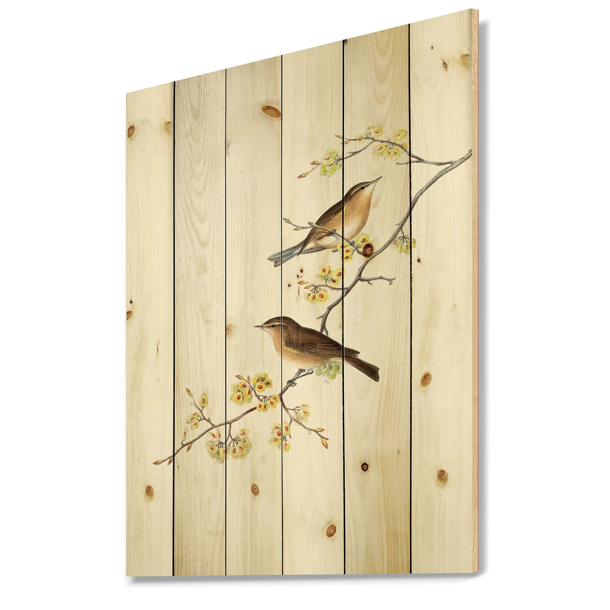DesignQ Little Birds on Tree Branches II - Traditional Yellow Wood Wall Art Decor, Large Animal Wood Wall Panels Printed on Natural Pine - Perfect for Living Room, Bedroom & Nursery Decor