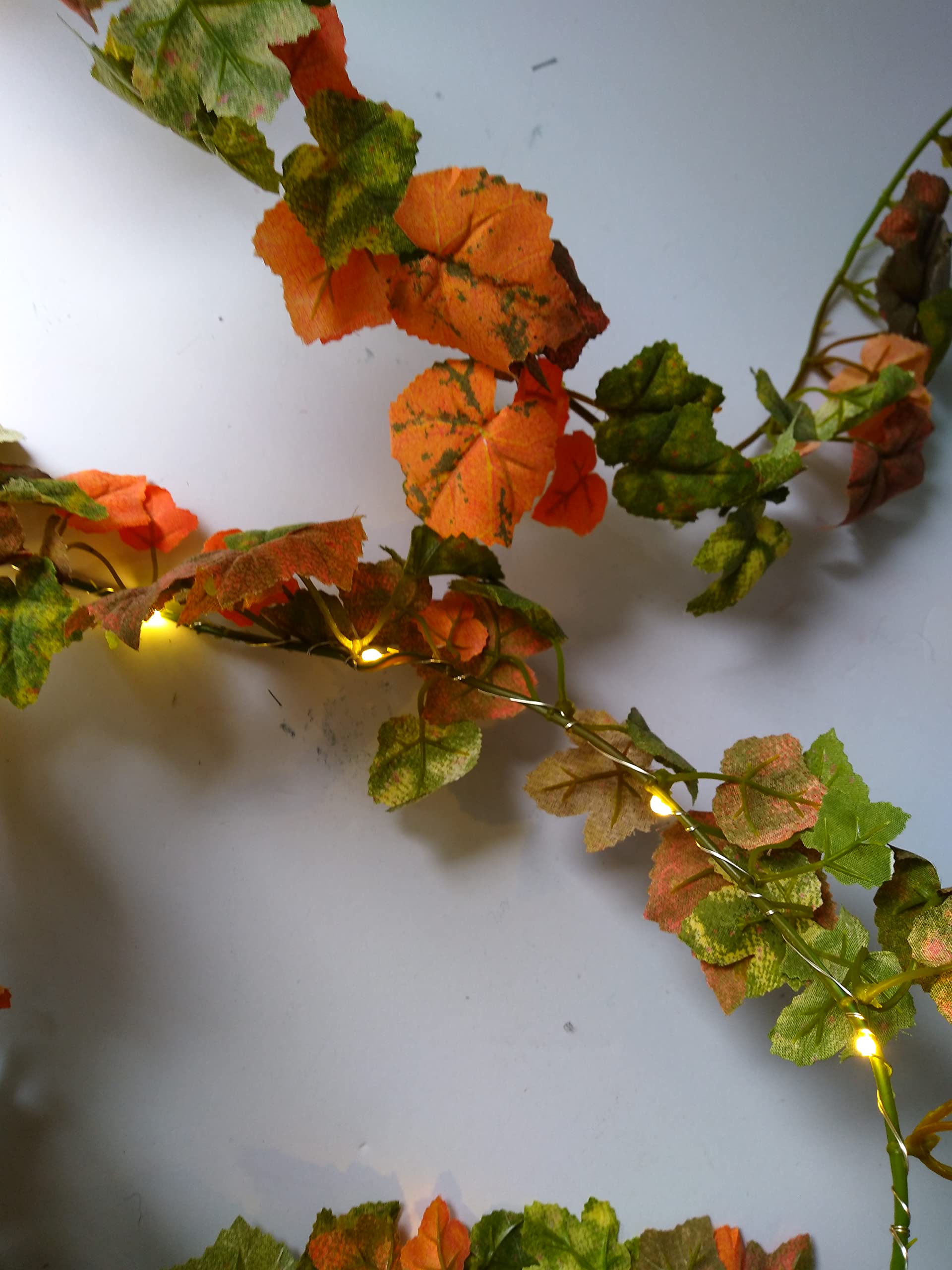 LED Grape Leaf Garland with Warm White Lights - Decorative Mantel or Table Garland for Fall, Thanksgiving, and Christmas Home Decor
