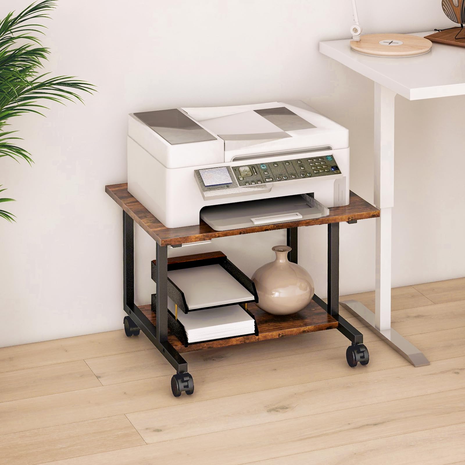 Under Desk Printer Stand with Wheels - 20.5 x 15.7 Inches Rolling Printer Cart for Home Office, Small Printer Table with Storage Shelf, Industrial Printer Stand in Rustic Brown - Perfect for Organizing Printers, Scanners & Office Supplies Under Your Desk