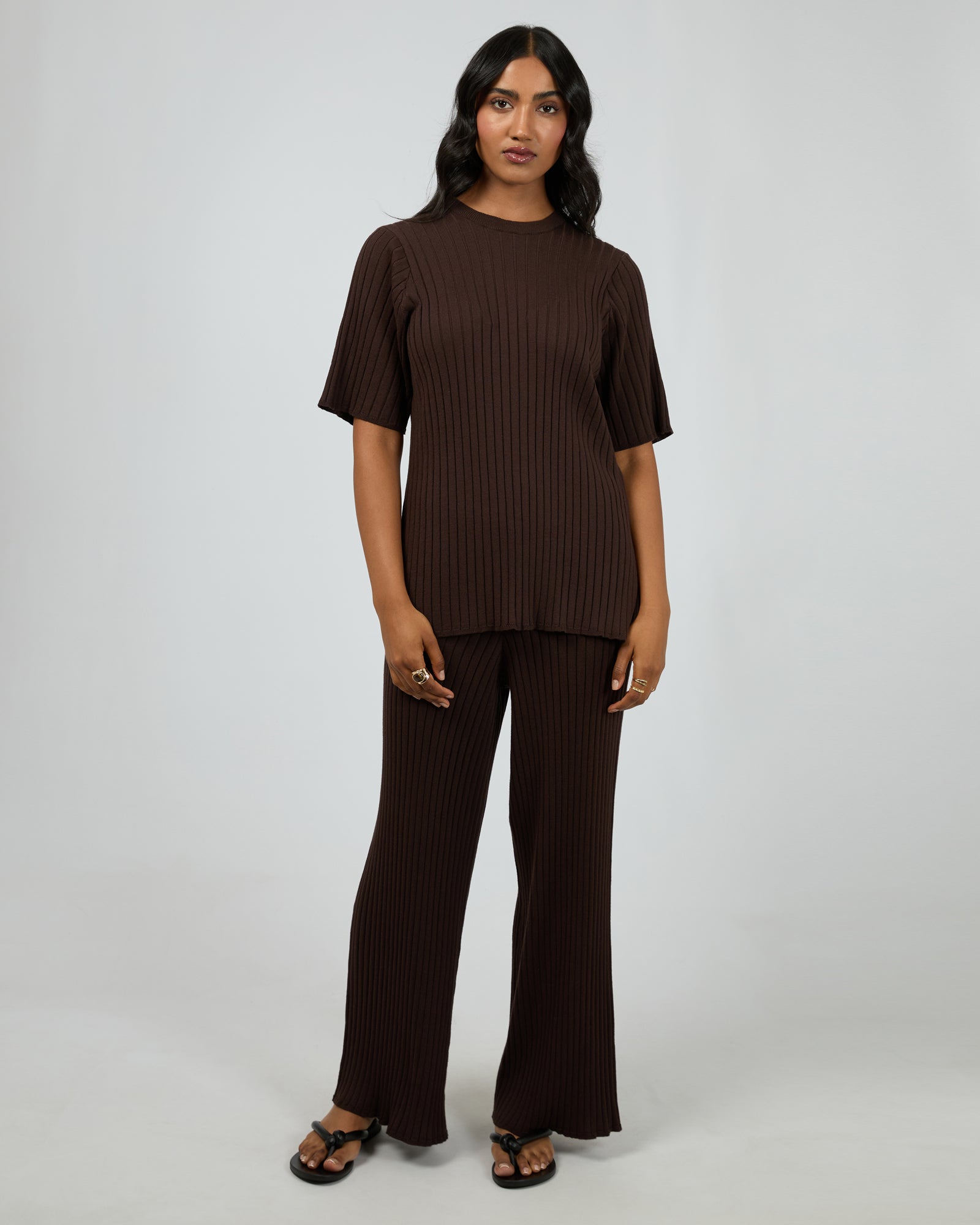All About Eve Bianca Knit Tee Brown - Women's Casual Short Sleeve T-Shirt for Everyday Wear & Outfits