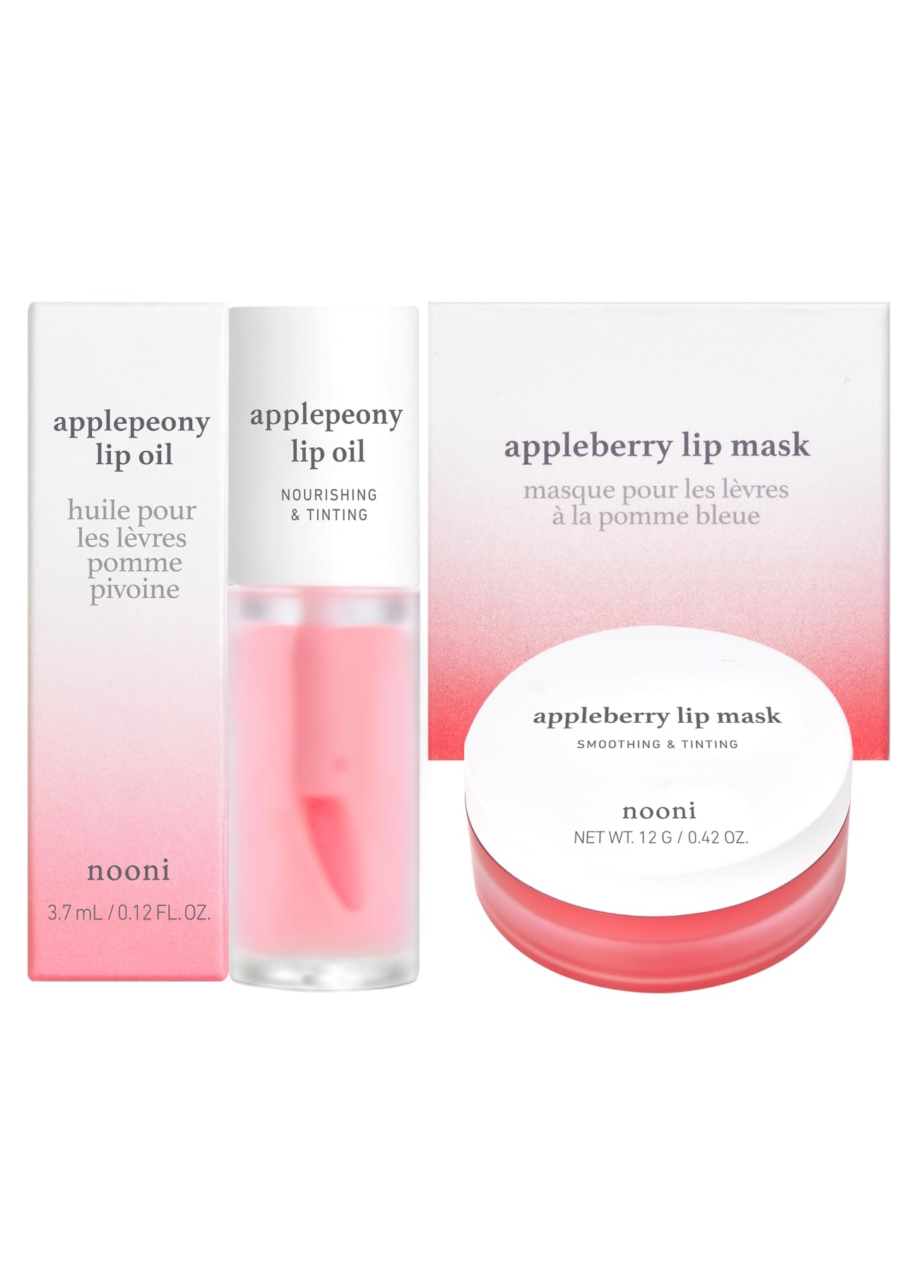 NOONI Korean Vegan Lip Oil - Applepeony, 0.12 Fl. Oz + Korean Lip Butter Melting Balm (Appleberry) Lip Mask Bundle Set | Hydrating & Nourishing Lip Care Combo for Dry, Chapped Lips | Perfect for Daily Use, Night Treatment & Makeup Prep