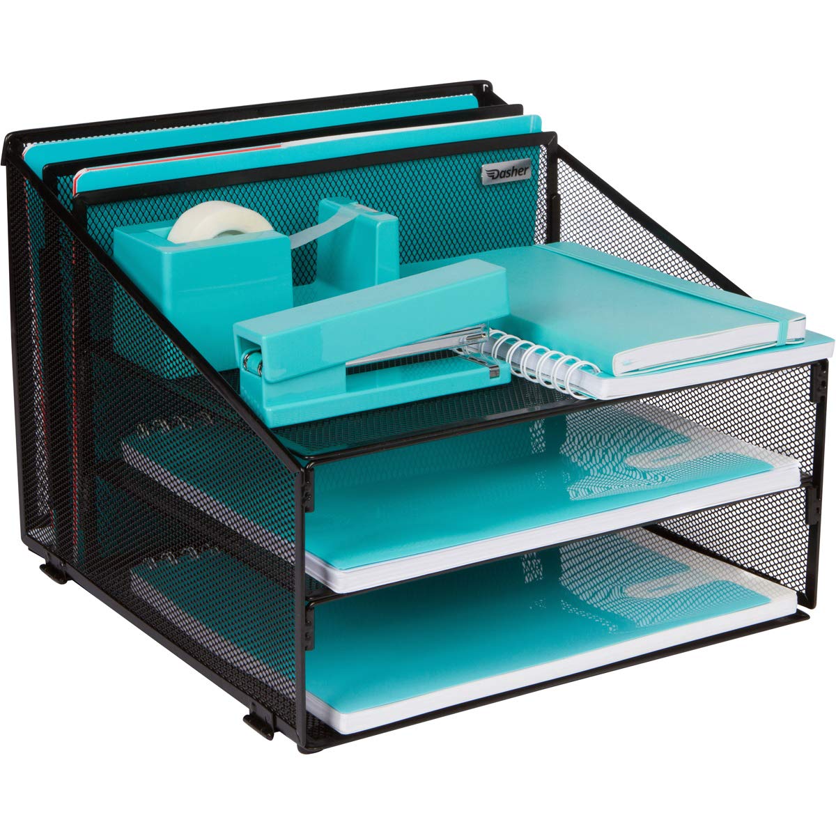Dasher Products Metal Mesh Office Desk Organizer with 3 Paper Trays & 2 Vertical Sections - Black Desktop File Holder for Letter/A4 Size Documents, Folders & Stationery - Perfect for Home Office Organization & Workspace Accessories