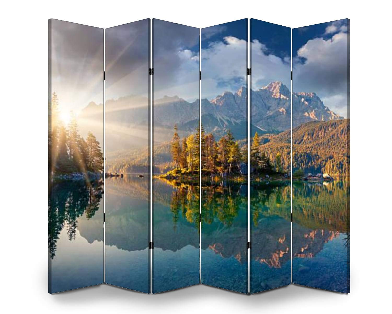 6-Panel Wooden Room Divider with Misty Summer Morning Eibsee Lake Canvas Print - German Alps Landscape Folding Screen for Privacy, Home Decor & Indoor Partition - Perfect for Living Rooms, Bedrooms & Office Spaces