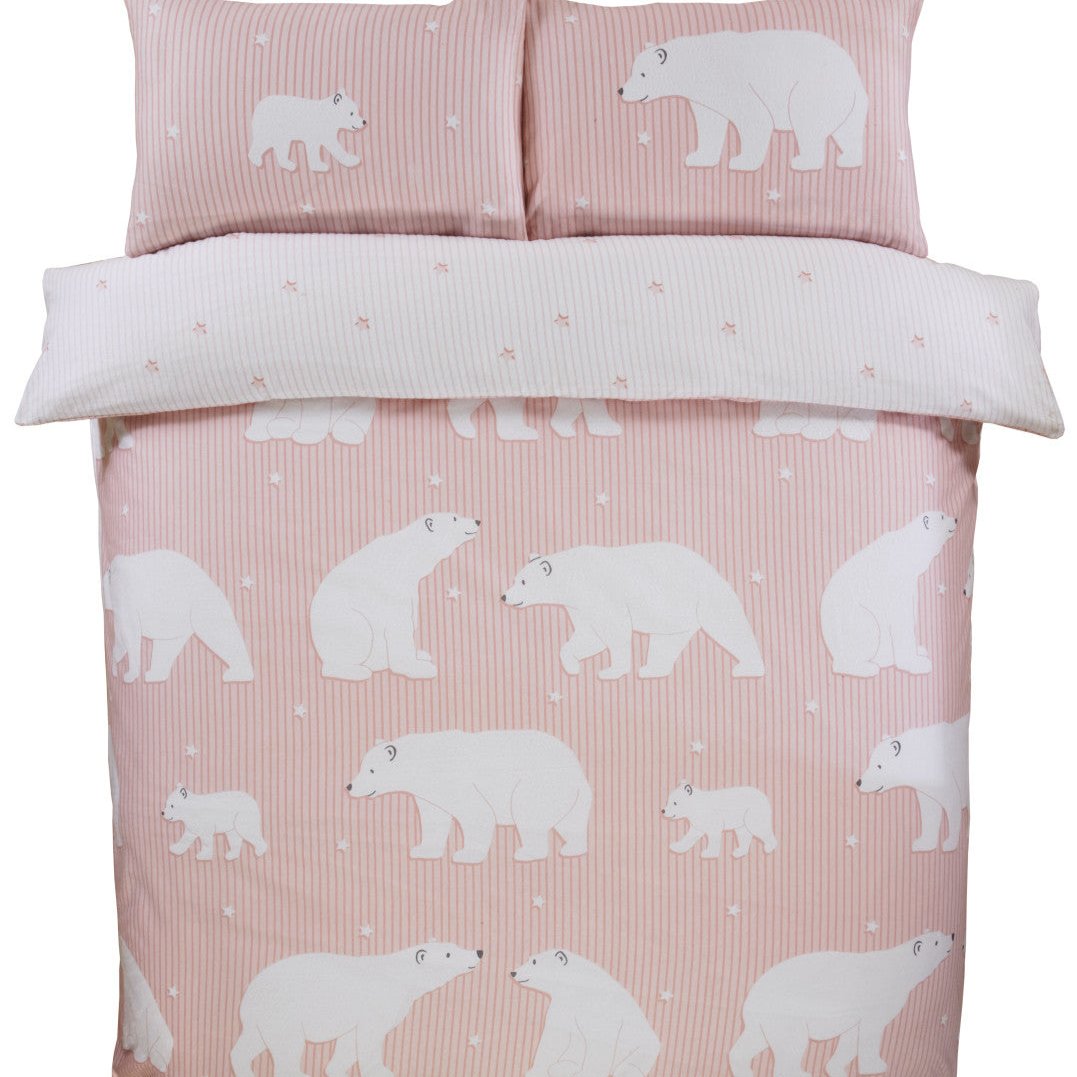 Soft Polar Bear Brushed Cotton Duvet Set - Pink Flannel Bedding for Cozy Winter Nights | Perfect for Kids' Rooms, Guest Bedrooms & Cold Weather Comfort