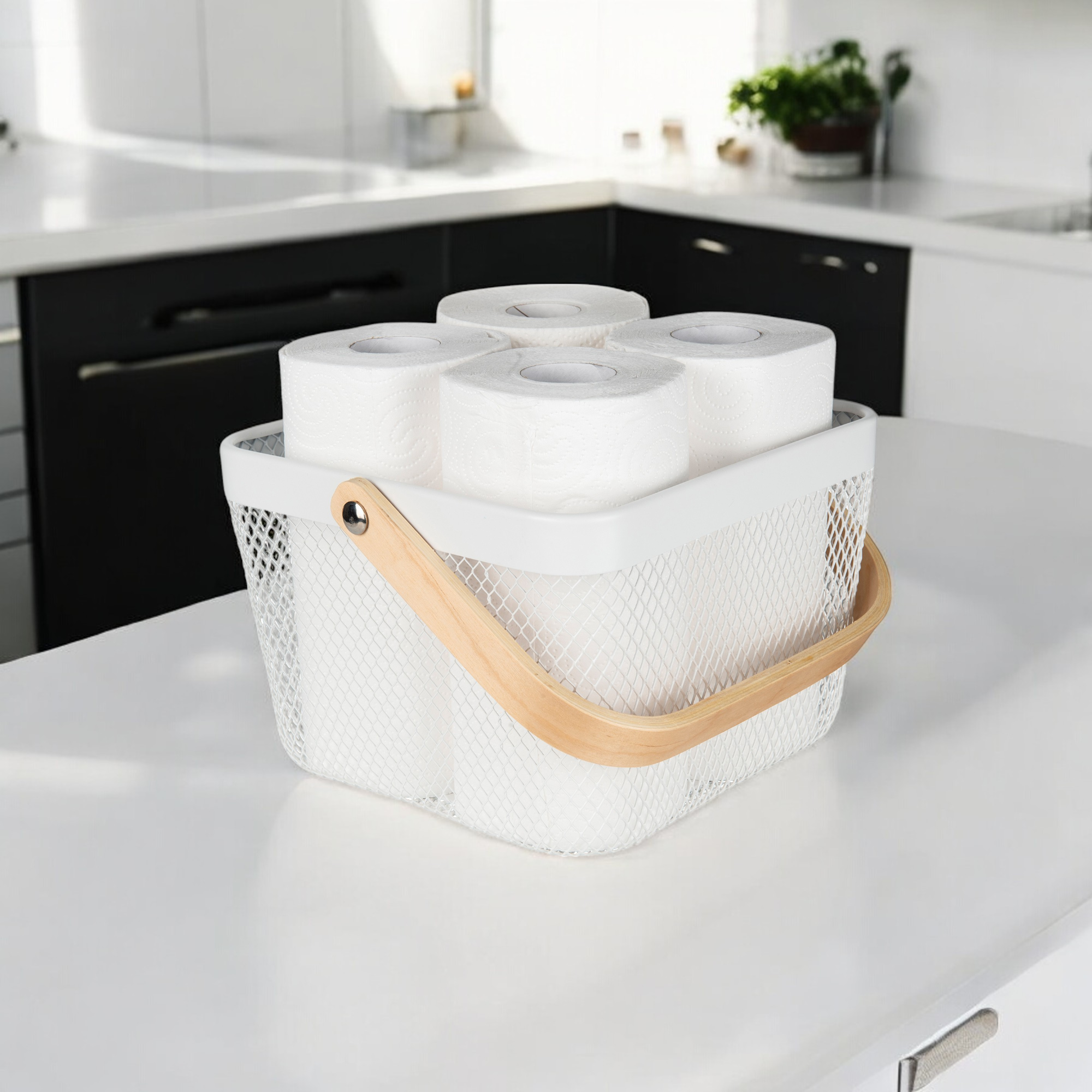 Small White Storage Basket with Wooden Handle - Perfect for Bathroom, Kitchen, and Home Organization
