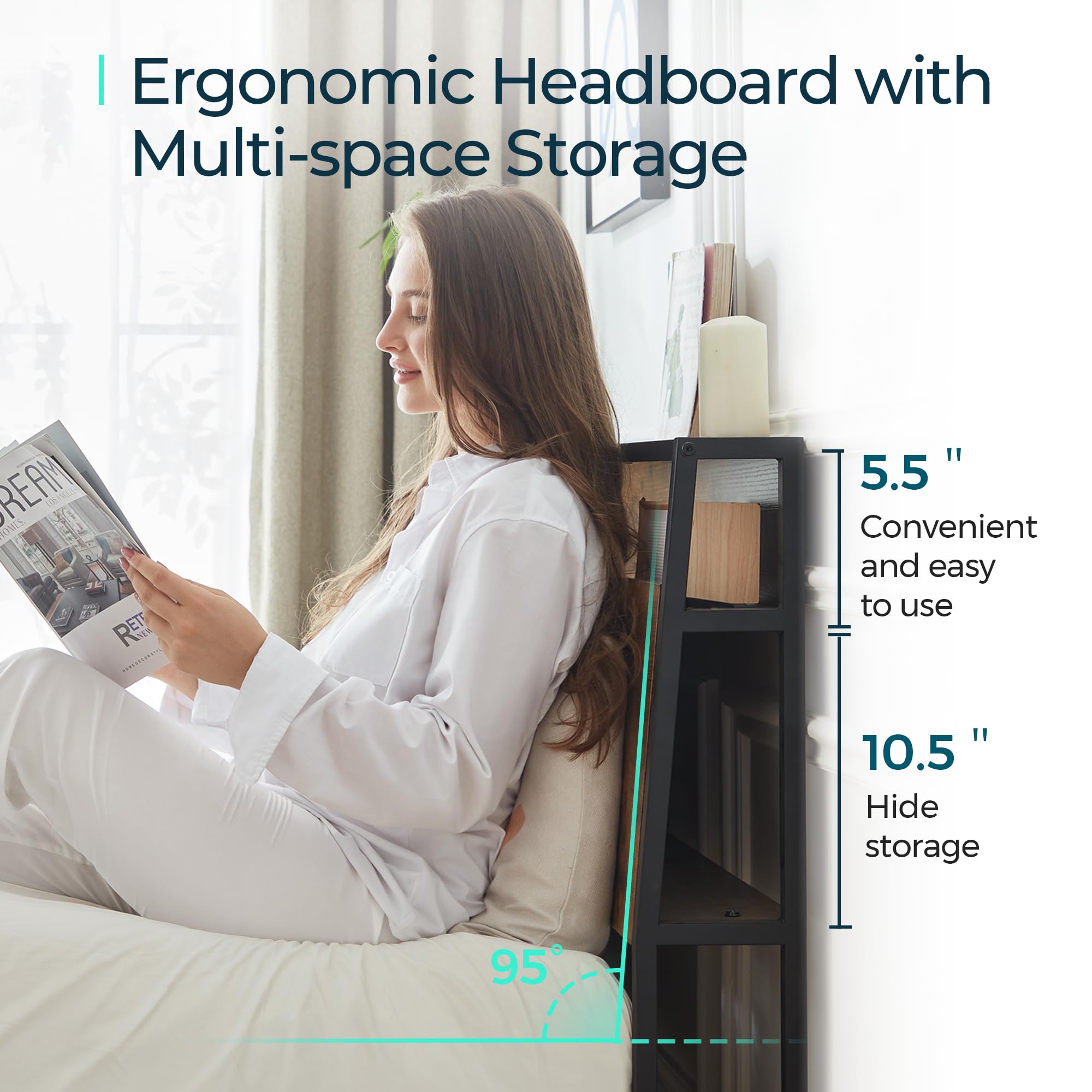 LINSY Queen Size Bed Frame with Ergonomic Headboard & Built-in Lights - 14 Inch Metal Industrial Platform Bed with USB Charging & Underbed Storage, No Box Spring Needed, Rustic Brown - Perfect for Modern Bedrooms, Guest Rooms & Small Apartments