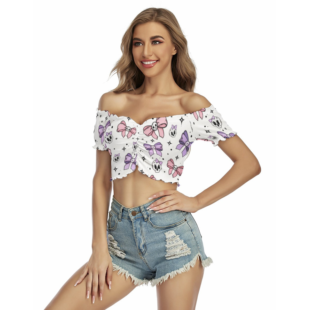 Cute Skulls and Bows Off The Shoulder Short Sleeve T-Shirt for Women - Gothic Fashion, Summer Casual Wear, Festival Outfit