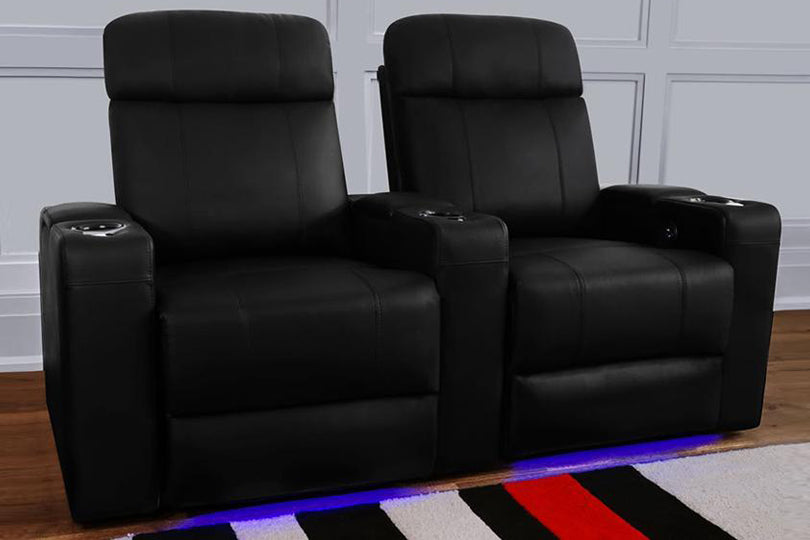 Premium Valencia Piacenza Genuine Leather Power Recliner Home Theater Seating Set of 2 with Adjustable Headrest - Black | Perfect for Movie Nights & Entertainment Rooms