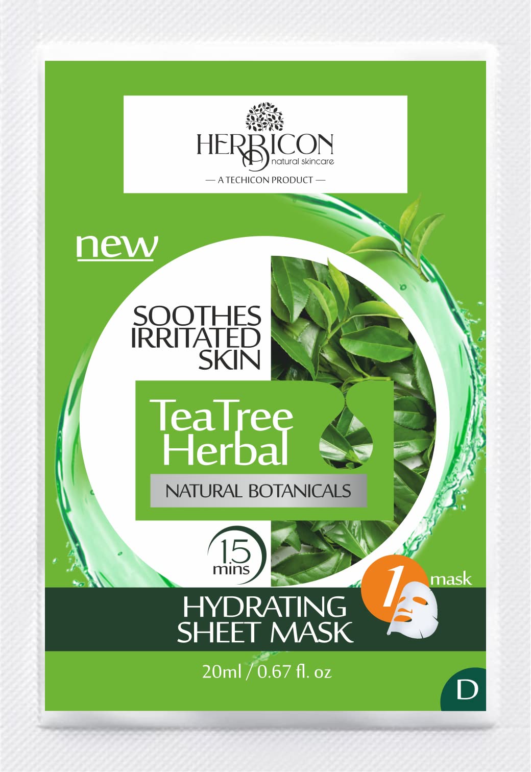Tea Tree & Aloe Vera Face Sheet Mask for Acne, Oily Skin & Inflammation Relief - 20g Herbal Facial Mask - Pack of 1 - Perfect for Deep Cleansing & Soothing Skin After Workout or Travel